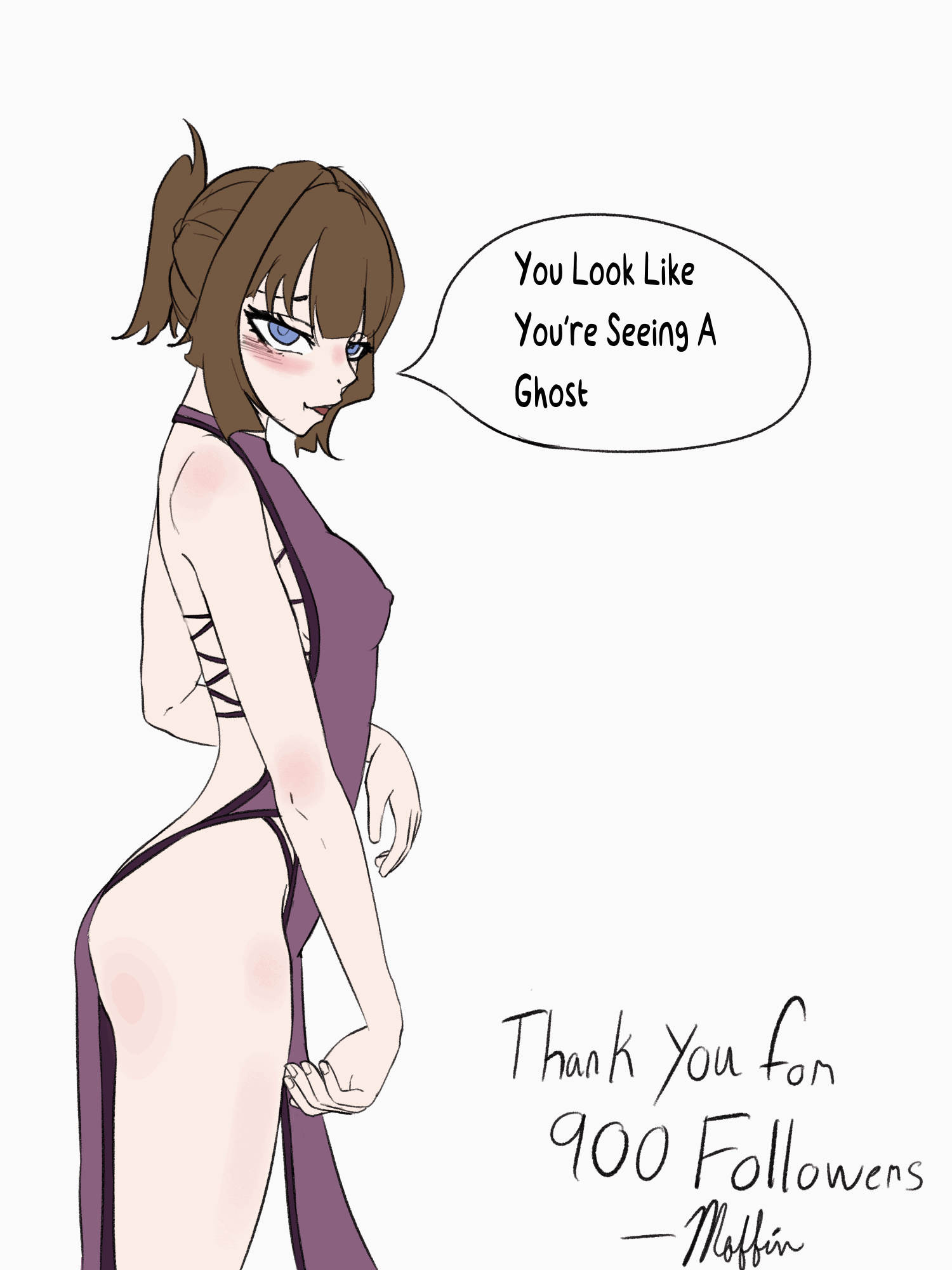 1girls, animated, big breasts, blue eyes, blush, blushing at viewer, breast expansion, breasts, brown hair, chinese clothes, chinese dress, dialogue, digital media (artwork), female, flirting, follower celebration, huge breasts, moffin, moffin (oc), original character, sideboob, solo, solo female, solo focus, talking to viewer