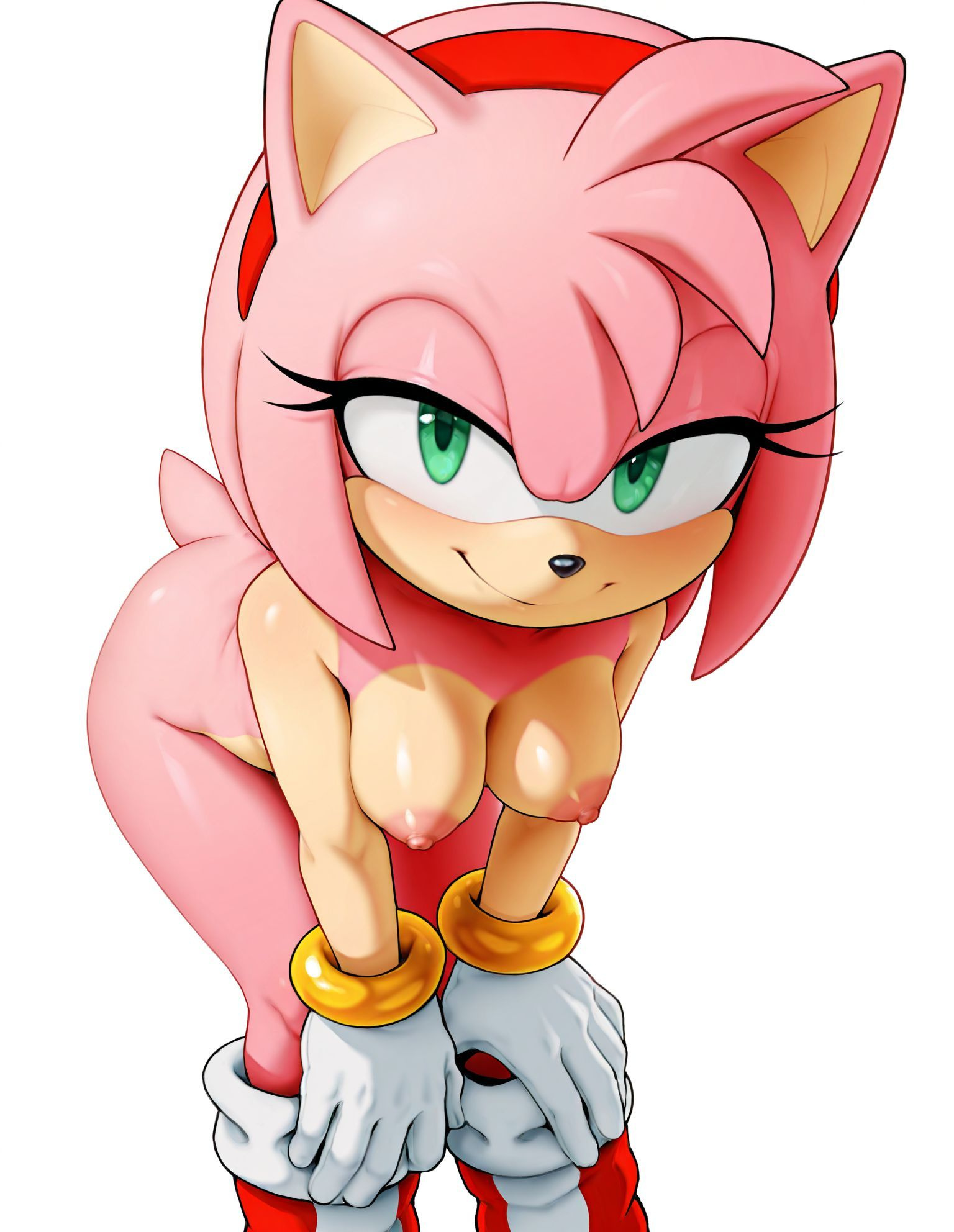 1girls, ai generated, amy rose, animal ears, animal nose, anthro, bent over, blush, body fur, boots, bracelet, breasts, closed mouth, clothing, eulipotyphlan, eyelashes, female, furry, furry female, gloves, green eyes, hairband, half-closed eyes, hands on own knees, happy, headwear, hedgehog, hedgehog ears, hedgehog tail, jewelry, katalystnya, knees together feet apart, leaning forward, looking at viewer, medium breasts, nipples, nude, nude female, pink fur, pink hair, red footwear, red hairband, shiny skin, short hair, simple background, smile, solo, sonic (series), sonic the hedgehog (series), standing, tail, thighs, two-tone fur, white background, white gloves
