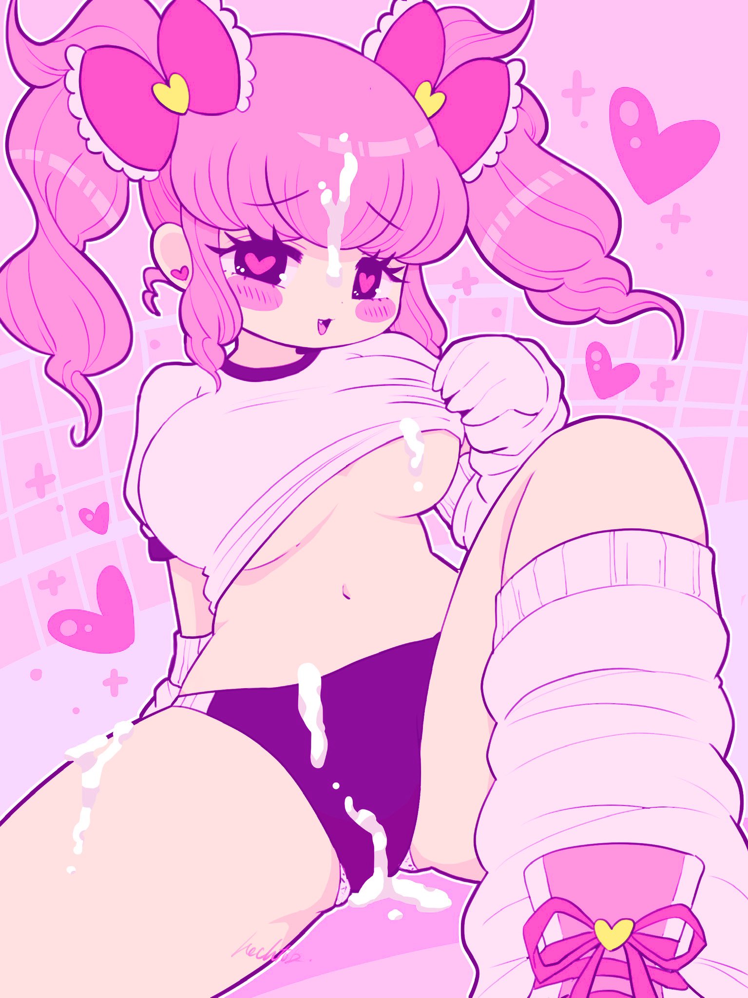 blush, chibi, cum, female, heart, heart-shaped pupils, hecktopr18, lifting shirt, pink background, pink hair, ribbons, tororin, tororin time (hecktopr18), twintails