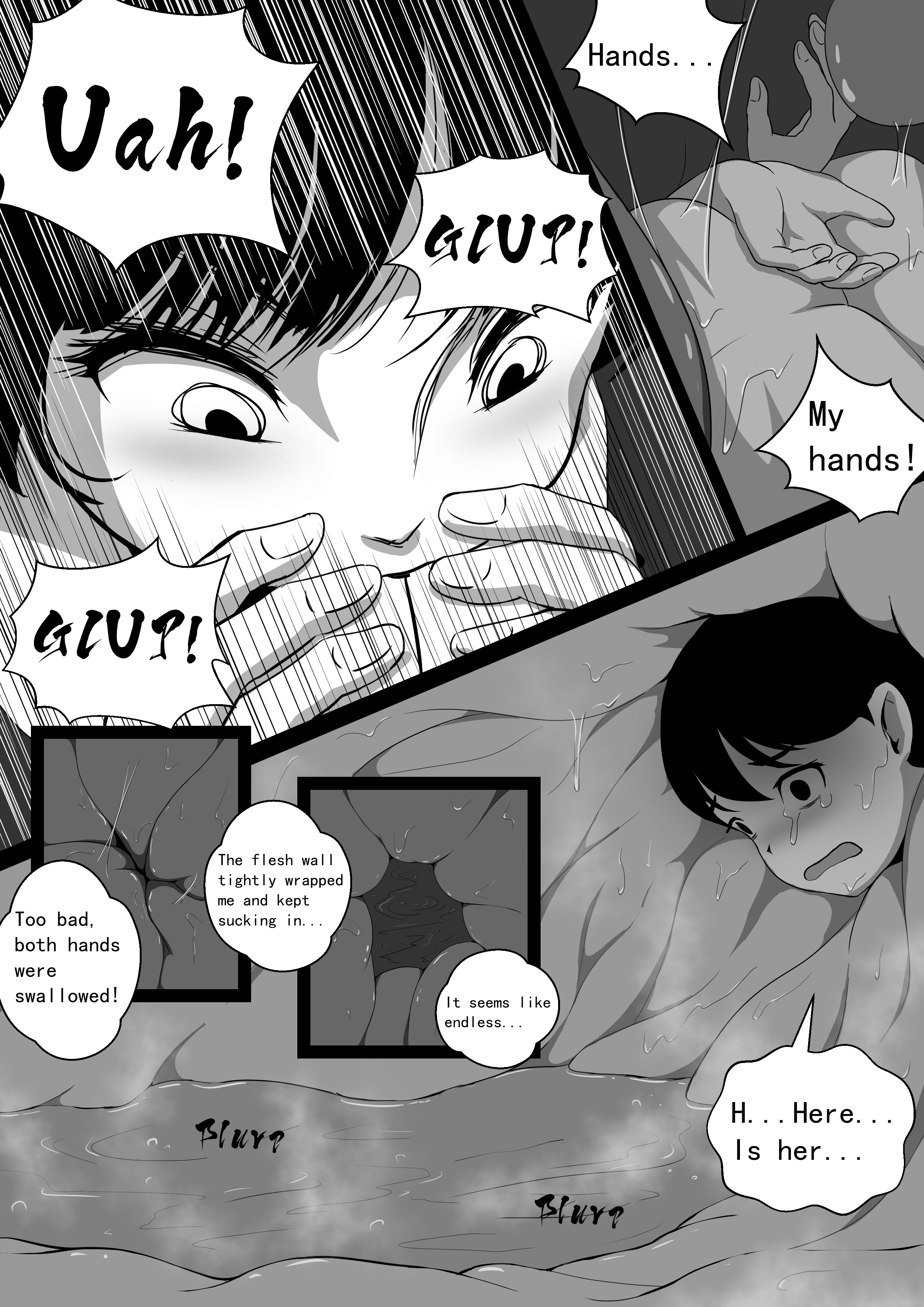 1boy, 1girls, cg17, comic, digestion, female, female pred, lamia, male, monochrome, naga, oral vore, snake, tagme, unwilling prey, vore