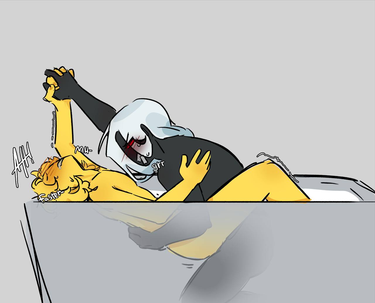 1anthro1human, 1x1x1x1, 1x1x1x1 (forsaken), 2025, 2boys, 2d, 2d (artwork), 2d artwork, anthro/human, betrayed 1x1x1x1, black body, black skin, blush, blush lines, colored, digital, digital art, digital artwork (media), digital drawing, digital drawing (artwork), digital media, digital media (artwork), digital painting, digital painting (artwork), drooling, duo, elliot (forsaken), elliot (work at a pizza place), english text, eyes not visible, forsaken (roblox), gay, gdz, groaning, hand on partner's back, handholding, head back, head tilted back, implied anal, implied penetration, implied sex, in bathtub, inside view, looking at partner, male, male only, male/male, messy hair, moaning, raised eyebrow, red eyes, roblox, roblox game, robloxian, simple background, straight hair, sweat drops, sweatdrops, sweating, trembling, uncensored, video game, video game character, video games, white hair, work at a pizza place, x-ray, yaoi, yellow hair, yellow skin, zipper mouth