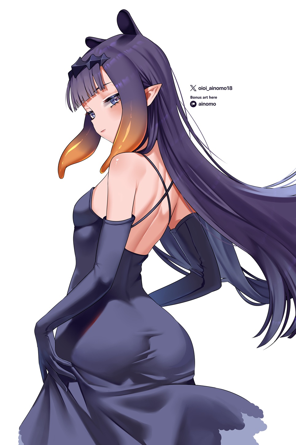 1girls, ass, bare shoulders, black dress, black eyes, black gloves, blush, breasts, clothed, clothing, demure, dress, female, female only, flat chest, flat chested, gloves, hololive, hololive english, hololive myth, light skin, light-skinned female, looking at viewer, looking back, ninomae ina'nis, oioi ainomo, pointy ears, purple hair, simple background, small breasts, solo, tentacle hair, virtual youtuber, white background