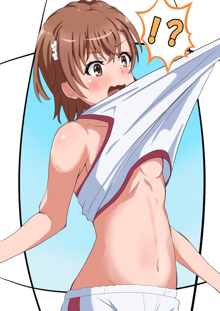 !?, bare shoulders, blush, breasts, brown eyes, brown hair, clothes pull, collarbone, commentary request, crossed bangs, female, groin, gym shirt, gym shorts, gym uniform, hair ornament, hairpin, highres, medium hair, misaka mikoto, navel, open mouth, role reversal, scene reference, shirt, shirt pull, shorts, simple background, sleeveless, sleeveless shirt, small breasts, solo, stomach, surprised, to aru kagaku no railgun, to aru majutsu no index, toaru kagaku no railgun, toaru majutsu no index, tokiwadai school gym uniform, underboob, white shirt