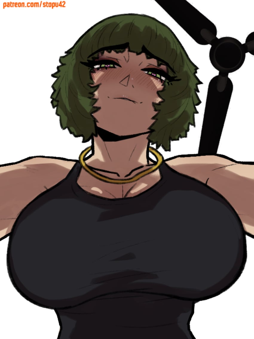 all fours, bare shoulders, biting own lip, black tank top, blush, breasts, ceiling fan, closed mouth, collarbone, eyelashes, female, fubuki (one-punch man), gold choker, green eyes, green hair, hanging breasts, heart, heart-shaped pupils, highres, large breasts, looking at viewer, looking down, low-angle view, nose, one-punch man, patreon username, pink pupils, pov, short hair, simple background, smile, solo, stopu, symbol-shaped pupils, tank top, upper body, white background
