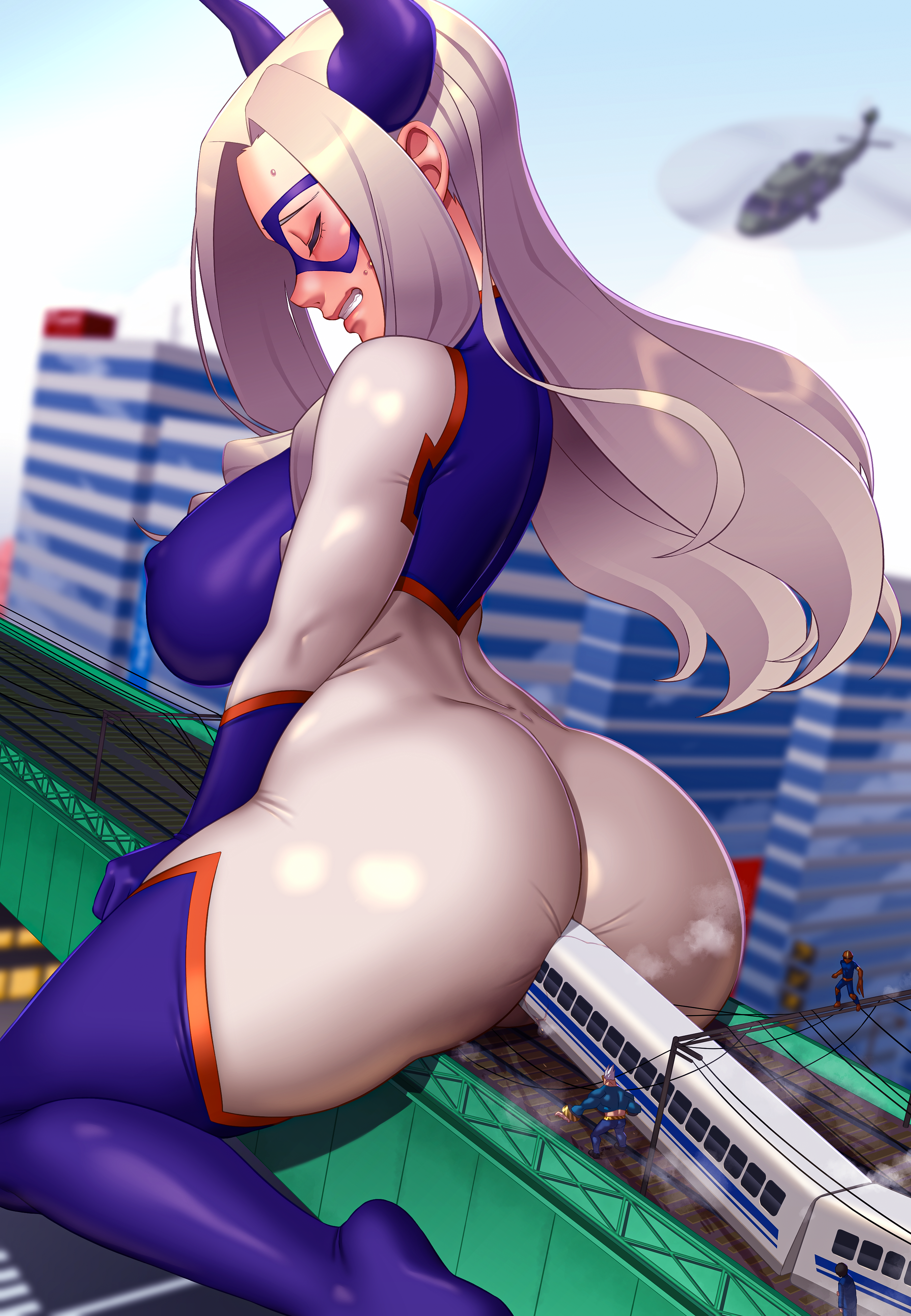 1girls, 2boys, anal, anal insertion, anal through clothes, anal vore, ass, blonde hair, blush, bodysuit, breasts, clenched teeth, closed eyes, clothing skin, curvy, embarrassed, erect nipples, female, female focus, female penetrated, giant, giantess, hero outfit (mha), hi res, huge breasts, large ass, larger female, long hair, male, mask, mount lady, my hero academia, nipple bulge, nipples, object insertion, shiory, shounen jump, sweat, sехual, thick thighs, through clothes, tight clothing, train, uncensored, vore, wide hips, yuu takeyama