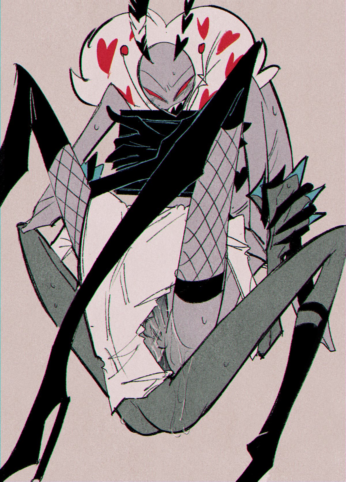 cum, gay, gay sex, half-dressed, hazbin hotel, holding hands, long limbs, sex, sweat, sweating, valentino (hazbin hotel), vox (hazbin hotel)