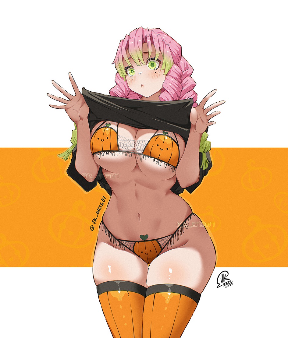 1girls, bikini, black shirt, blush, braid, breasts, clothes lift, curvy, female, green eyes, green hair, jk arts, jk arts07, kanroji mitsuri, kimetsu no yaiba, large breasts, lifting own clothes, long hair, mole, mole under each eye, mole under eye, multicolored hair, multiple moles, navel, orange bikini, orange thighhighs, pink hair, shirt, shirt lift, solo, stomach, swimsuit, thick thighs, thighhighs, thighs, twin braids