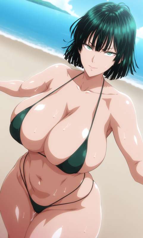 1girls, ai generated, beach, big breasts, bikini, breasts, dark green hair, female, fubuki (one-punch man), green bikini, green eyes, green hair, hair, huge breasts, light skin, light-skinned female, micro bikini, one-punch man, solo, solo female, thick thighs, thighs, yuukiai