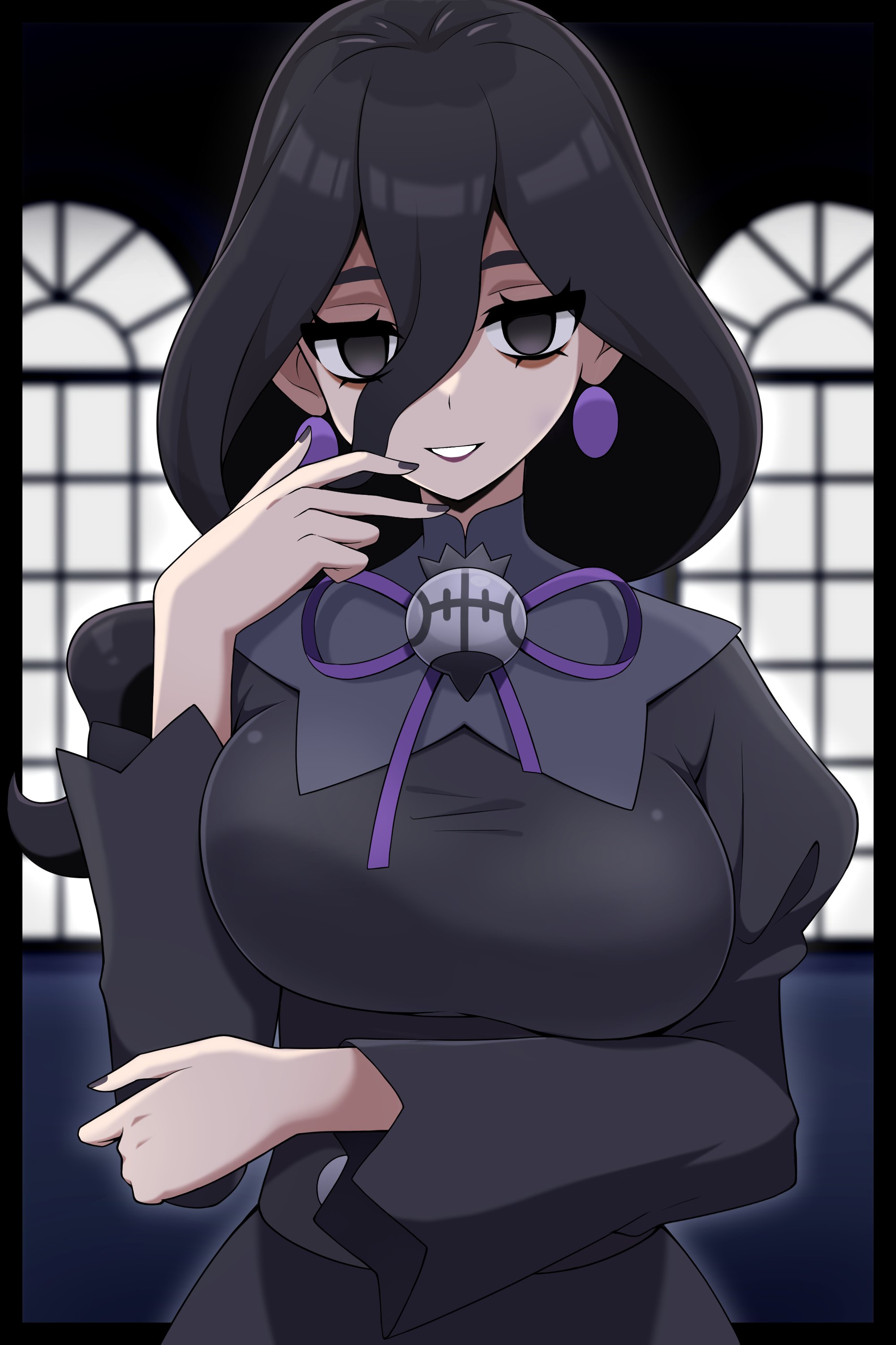 absurdres, alternate breast size (larger), arm under breasts, black dress, black hair, breasts, dress, earrings, female, game freak, hair between eyes, half-closed eyes, hex maniac, hex maniac (pokemon legends: z-a), highres, jewelry, juliet sleeves, large breasts, long hair, long sleeves, looking at viewer, neck ribbon, nintendo, open mouth, parted lips, pokemon, pokemon legends: z-a, puffy sleeves, purple ribbon, ribbon, seductive gaze, seductive smile, shabana may, smile, solo, teeth, upper body