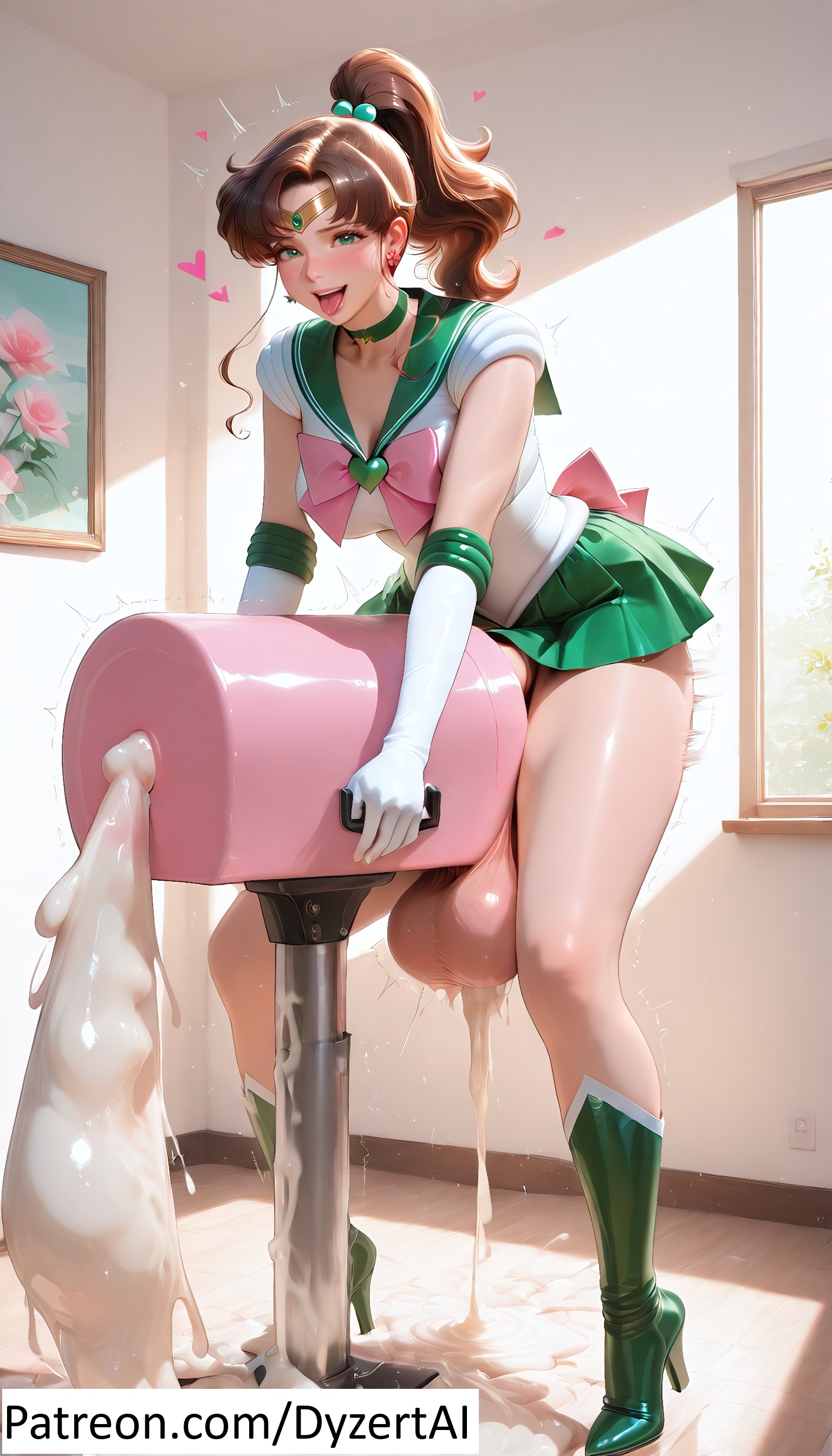 1futa, ai generated, bishoujo senshi sailor moon, breeding mount, brown hair, cum, cum drip, day, daytime, dyzertai, excessive cum, futa only, futanari, green eyes, looking at viewer, medium breasts, onahole, ponytail, ribbon, sailor jupiter, solo, uniform