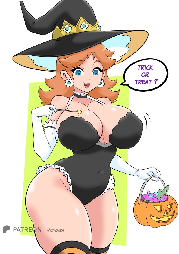 1girls, black leotard, black thighhighs, blue eyes, bouncing breasts, breasts, bucket, cleavage, collarbone, condom, condom packet strip, condom wrapper, dildo, earrings, female, flower earrings, gloves, halloween, halloween bucket, halloween costume, hat, holding, holding bucket, holding wand, jewelry, large breasts, leotard, long hair, looking at viewer, mario (series), momocka art, nintendo, open mouth, orange hair, princess daisy, sex toy, smile, speech bubble, standing, star (symbol), striped clothes, striped thighhighs, teeth, thick thighs, thighhighs, thighs, trick or treat, wand, white background, white gloves, wide hips, witch, witch hat