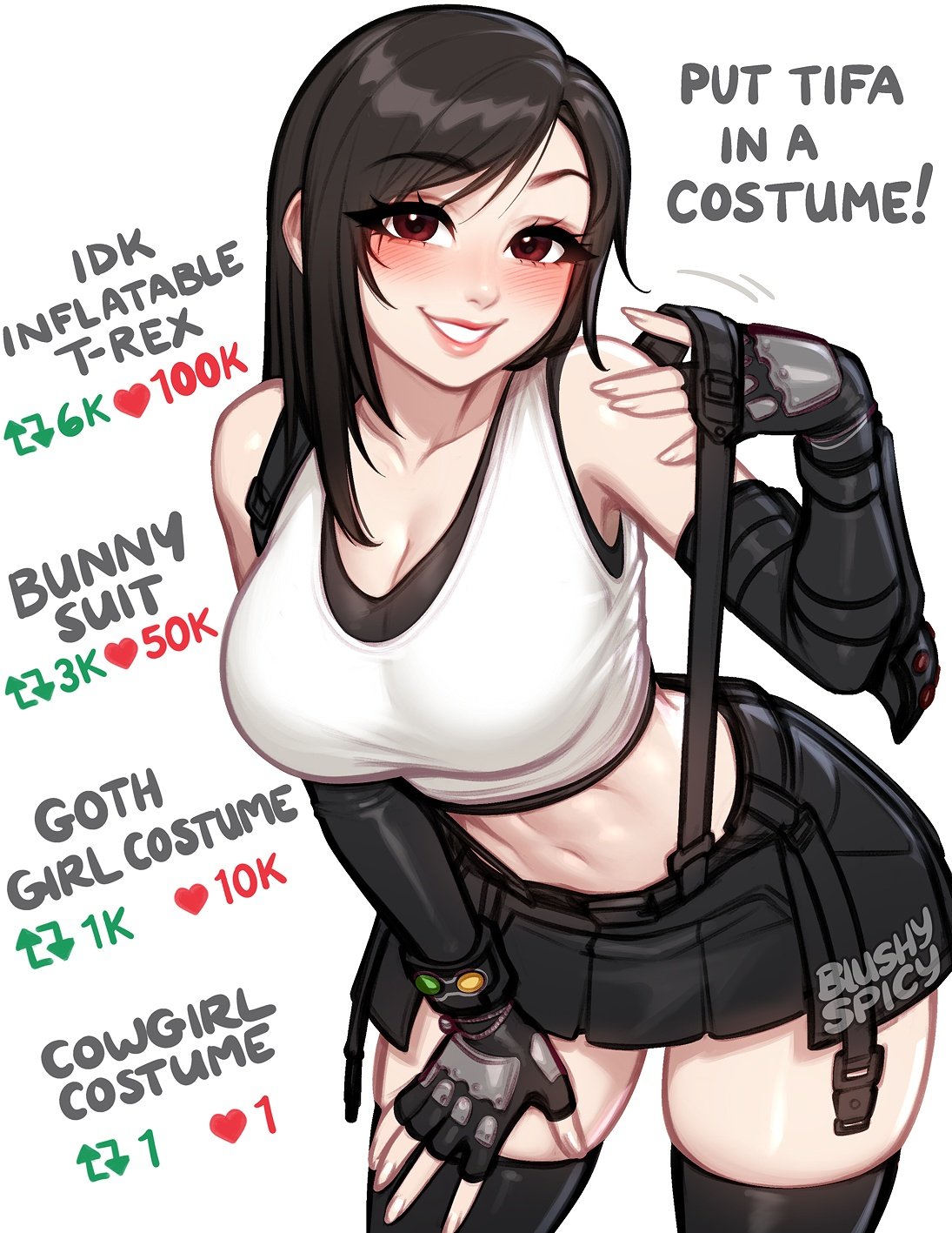 1girls, bare shoulders, black skirt, black thighhighs, blushypixy, blushyspicy, breasts, brown hair, cleavage, crop top, earrings, elbow gloves, english text, female, final fantasy, final fantasy vii, final fantasy vii remake, fingerless gloves, gloves, grin, highres, jewelry, large breasts, long hair, looking at viewer, low-tied long hair, midriff, navel, open mouth, red eyes, skirt, smile, solo, suspenders, tank top, thighhighs, tifa lockhart, zettai ryouiki