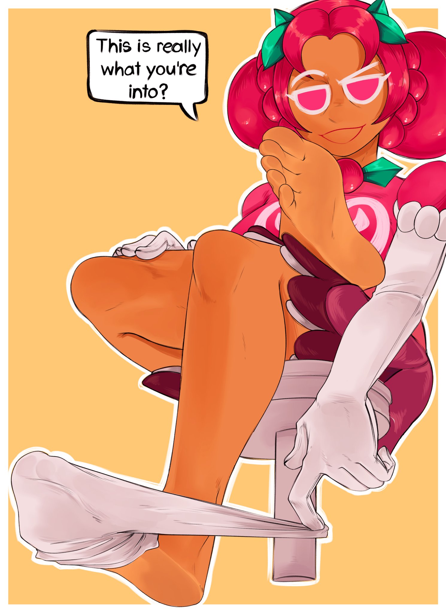 1girls, cookie run, cookie run kingdom, feet, female, foot fetish, foot focus, foot tease, hollyberry cookie, pink eyes, pink hair, removing clothing, removing sock, sock pull, solo female, text, text bubble, tinsay (artist)