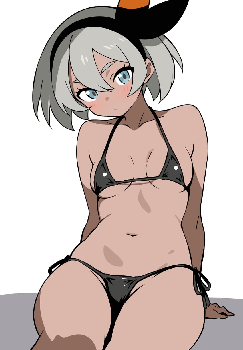 1boy, absurdres, anal, asaborakenoke, bar censor, barefoot, bea (pokemon), breasts, censored, cowboy shot, feet, female, grey eyes, grey hair, highres, indoors, male, medium breasts, medium hair, muscular, muscular male, nipples, penis, pokemon, pokemon ss, pussy, sex, sex from behind, soles, straight, sweat, toes
