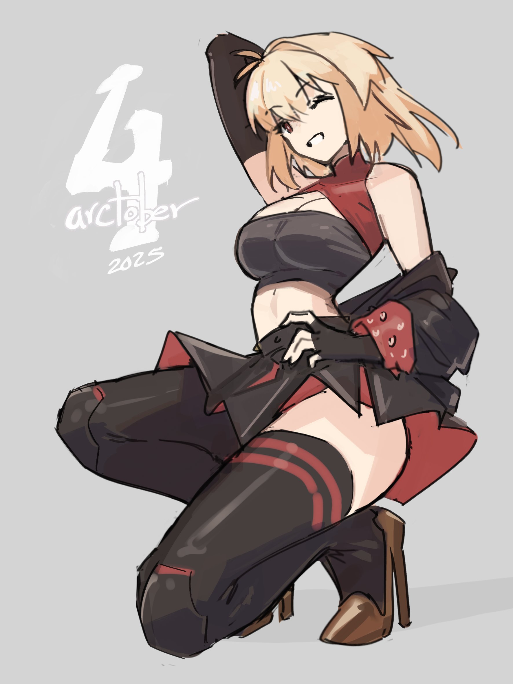 alternate costume, arcueid brunestud, arm behind head, arm up, black jacket, black nails, black-framed eyewear, blush, breasts, burnice white (cosplay), cleavage, cosplay, crop top, cropped jacket, female, hair between eyes, highres, jacket, jonyeld, long sleeves, looking at viewer, medium breasts, navel, one eye closed, red eyes, red hair, skindentation, smile, solo, squatting, stomach, thighhighs, tinted eyewear, tsukihime, tsukihime (remake), twintails, white background, wink, zenless zone zero