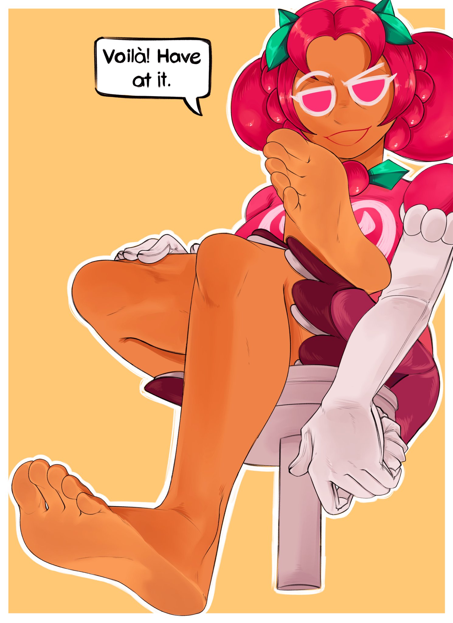 1girls, barefoot, cookie run, cookie run kingdom, feet, female, foot fetish, foot focus, foot tease, hollyberry cookie, pink eyes, pink hair, socks removed, solo female, text, text bubble, tinsay (artist)