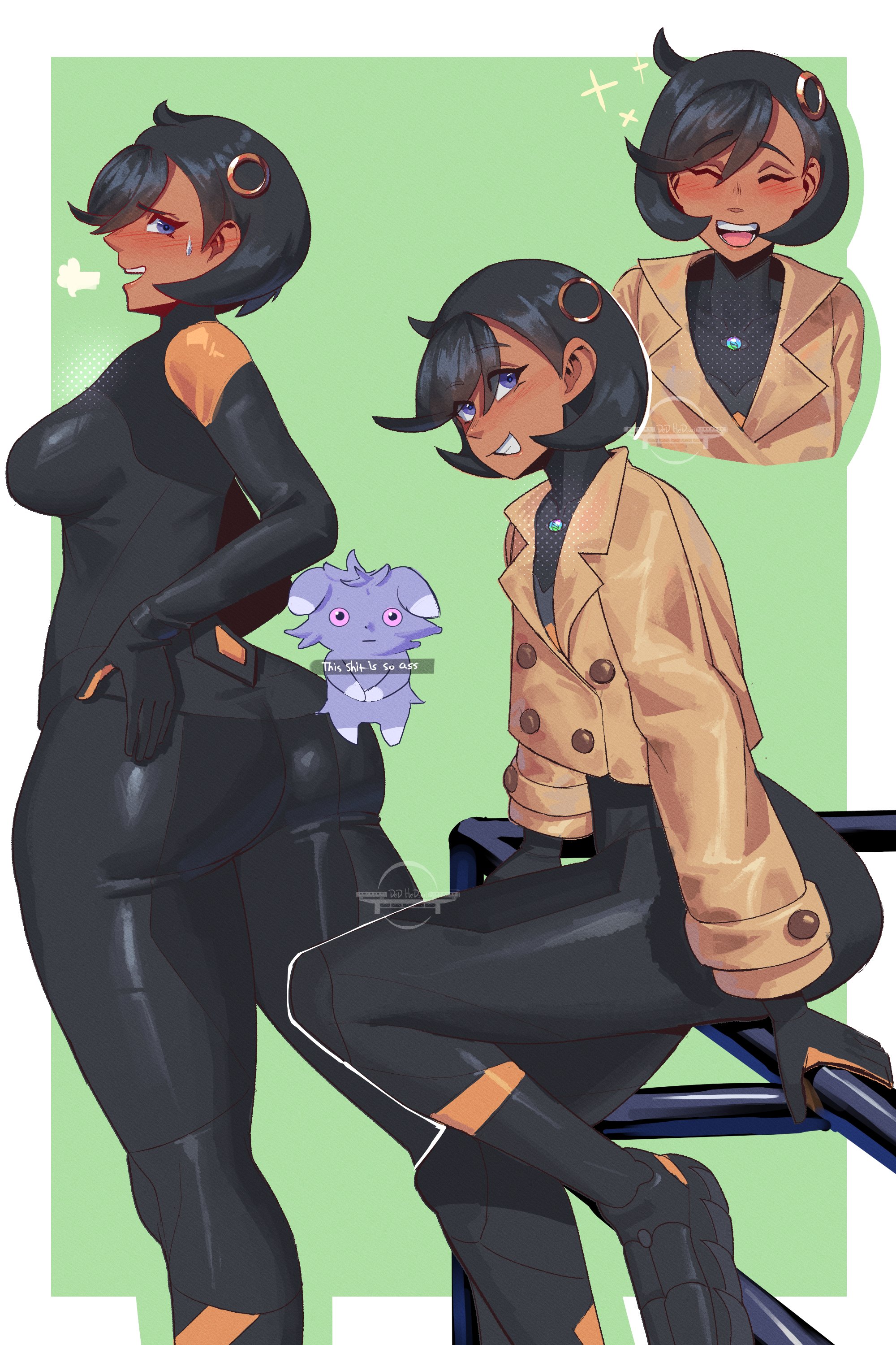 1girls, ass, bodysuit, breasts, dark skin, dark-skinned female, dedhed art, emma (pokemon legends: z-a), emma (pokemon), english text, espurr, female, female focus, female only, game freak, green background, human, large ass, large breasts, looking at viewer, looking back, matiere (pokemon legends: z-a), matiere (pokemon), nintendo, nyasper, pokemon, pokemon (species), pokemon legends: z-a, text, thick thighs, thighs, tomboyish, white border