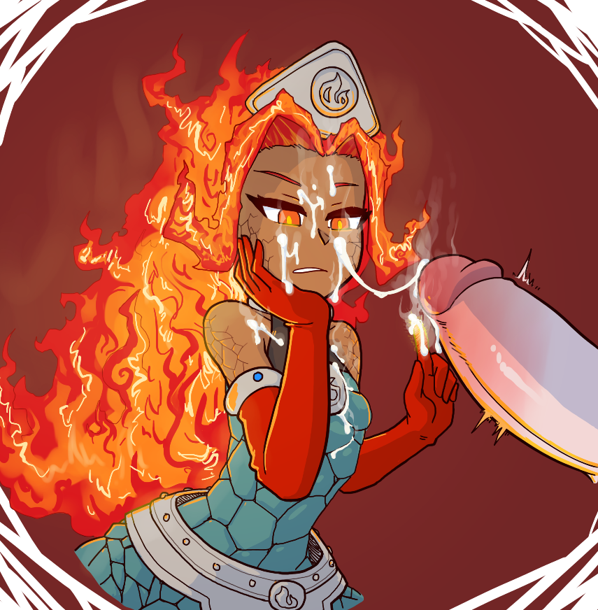 armwear big_penis burn clothed clothing cock_and_ball_torture cum cum_on cum_on_clothing cum_on_hand cum_string dress elbow_gloves elemental erection female fire fire_elemental flaming_hair frown gloves hair headdress humanoid laval_volcano_handmaiden male orange_eyes penis thetenk yu-gi-oh!