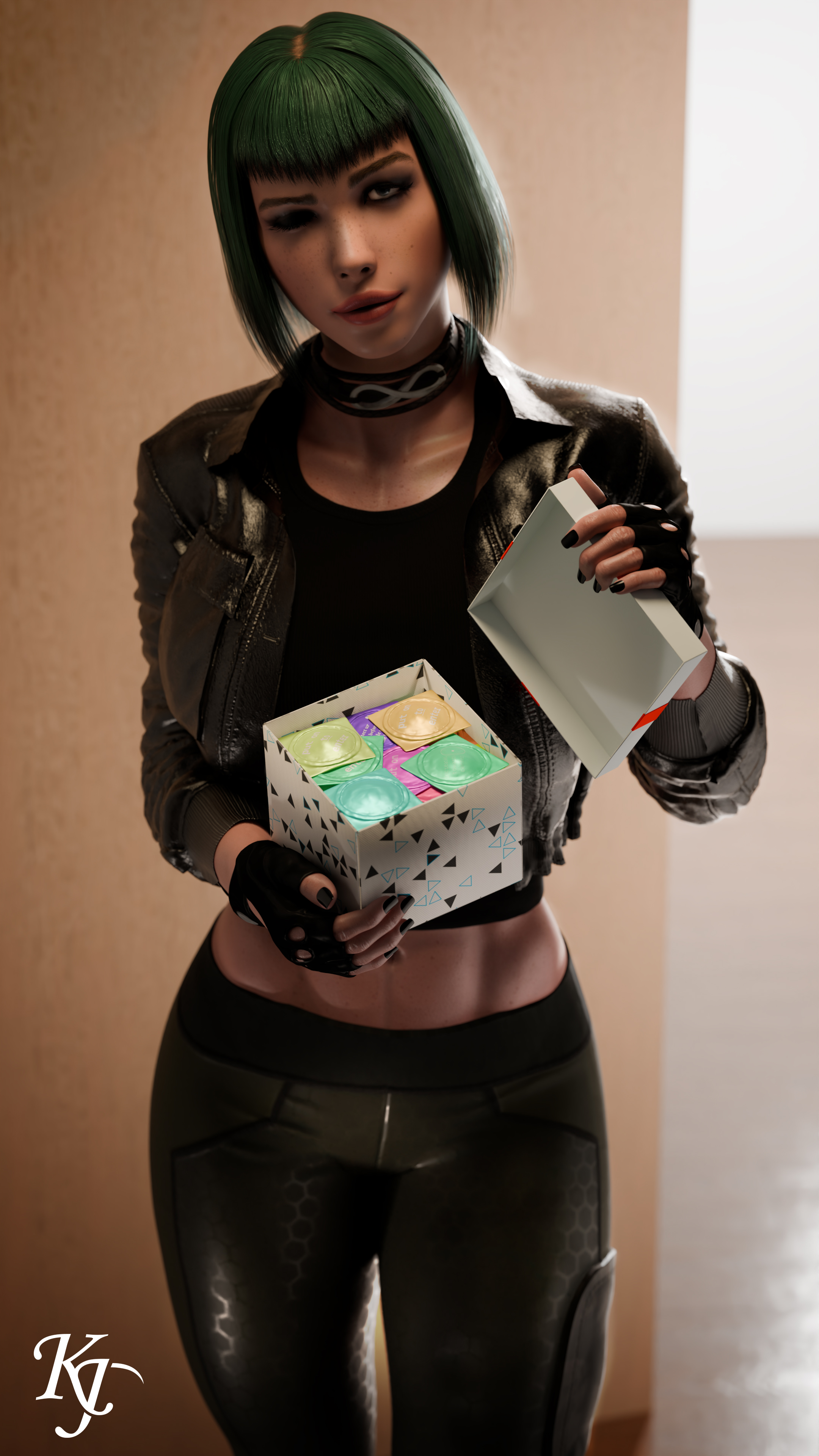 3d, abs, blue eyes, bobcut, choker, choker collar, clothed female, condom wrapper, condoms, ela (rainbow six), freckles on face, green hair, kjthegrimreaper, no sex (yet), rainbow six siege, winking