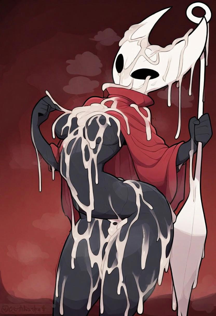 ai generated, black body, breasts, cum, cum on body, cum on breasts, cum on face, female, hollow knight, hollow knight (franchise), hollow knight: silksong, hornet (hollow knight), insects, lewdelious, mask, masked female, nude, red coat