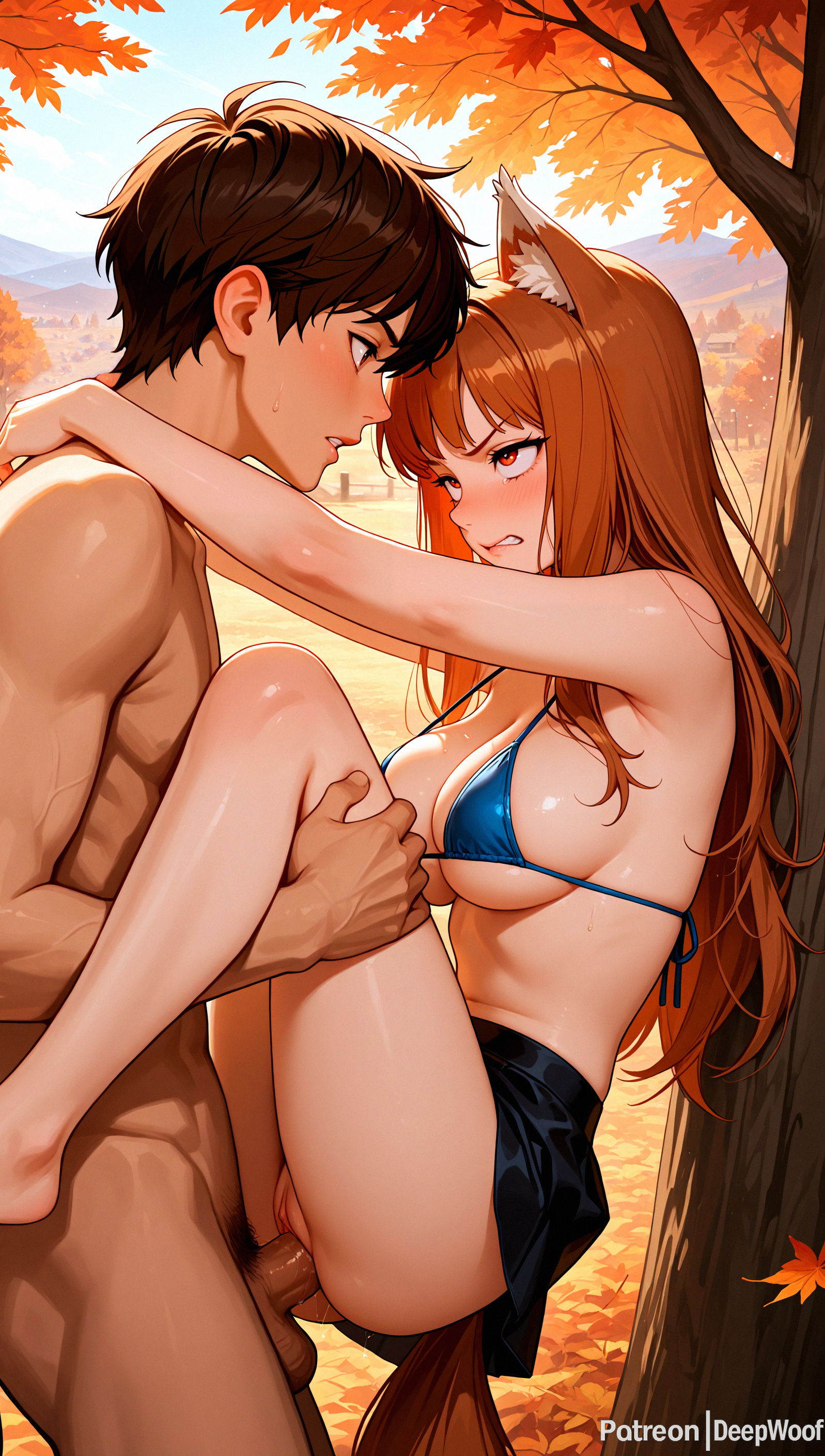 1boy, 1girls, ai generated, animal ear fluff, animal ears, autumn, bare shoulders, barefoot, bikini top, blush, breasts, brown hair, clothes pull, deepwoof, female, high resolution, holo, large breasts, long hair, male, nude male clothed female, outdoors, patreon, penetration, penis, penis in pussy, pussy, red eyes, sex, skirt, spice and wolf, standing sex, straight, tree, vaginal penetration, wolf ears, wolf girl, wolf tail