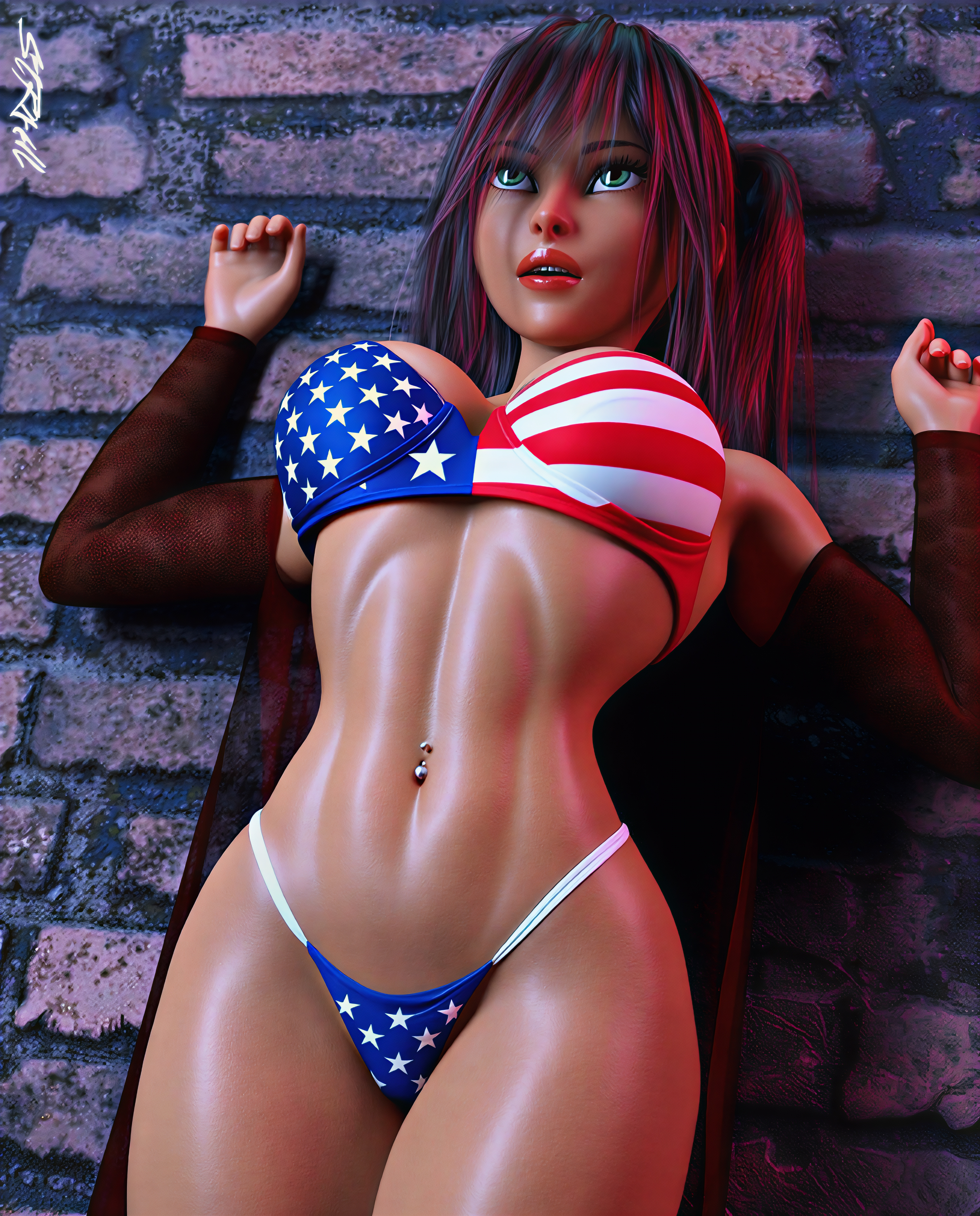 1girls, 2025, 3d, 4th of july, against walls, female, piercing, signature