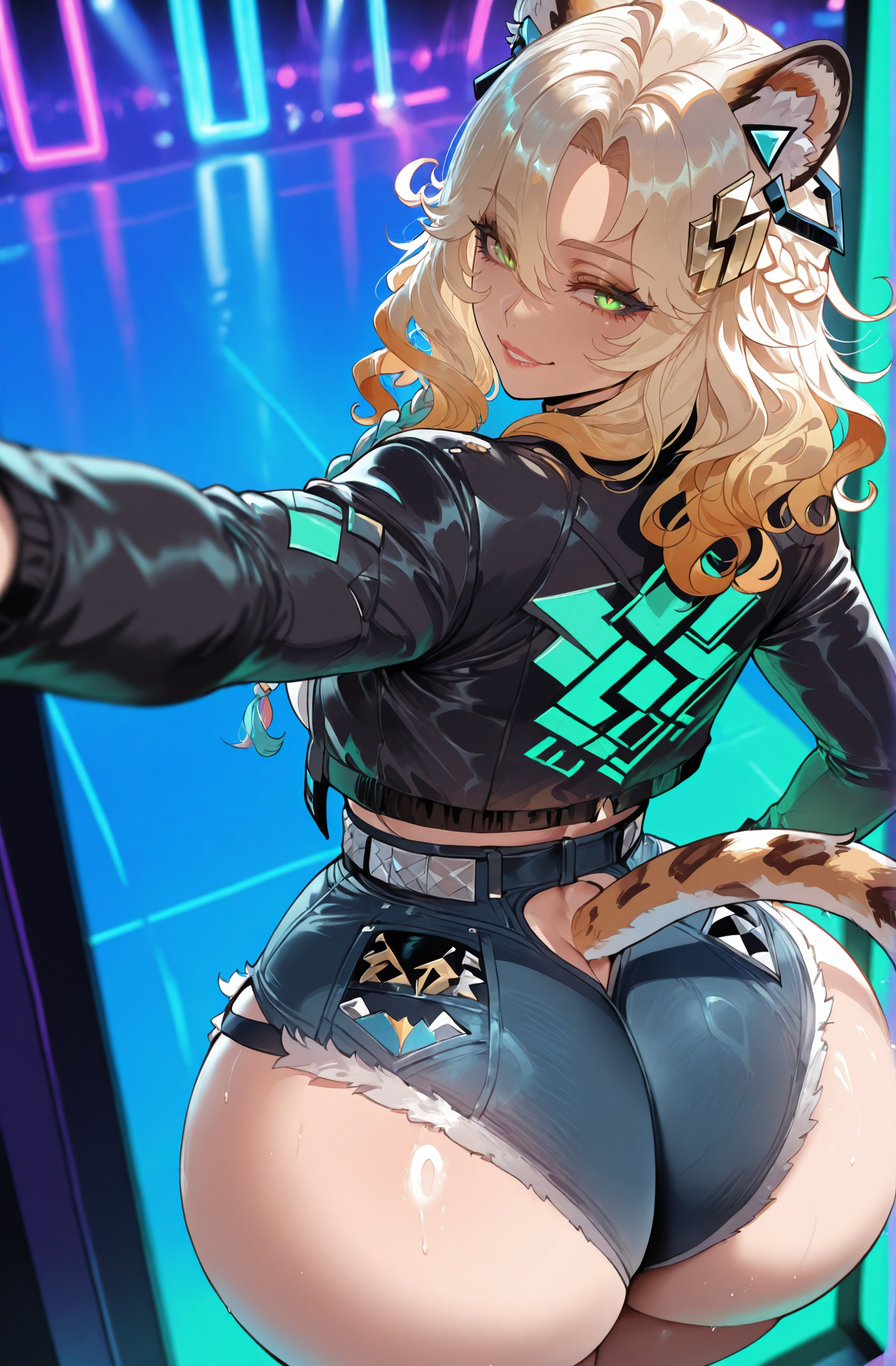 1boy, ai generated, animal ears, ass, bangs, belt, black jacket, blonde hair, blue shorts, breasts, curvaceous, curvy, curvy body, curvy female, curvy figure, curvy hips, cutoffs, dark skin, denim, denim shorts, doorway, female, from behind, genshin impact, green eyes, ground vehicle, hair ornament, jacket, large breasts, leather jacket, lips, looking at viewer, looking back, male, miyuai, outstretched arm, self shot, short shorts, shorts, smile, solo, tail, thick, thick ass, thick legs, thick thighs, thighs, uncensored, voluptuous, voluptuous body, voluptuous female, xilonen (genshin impact)