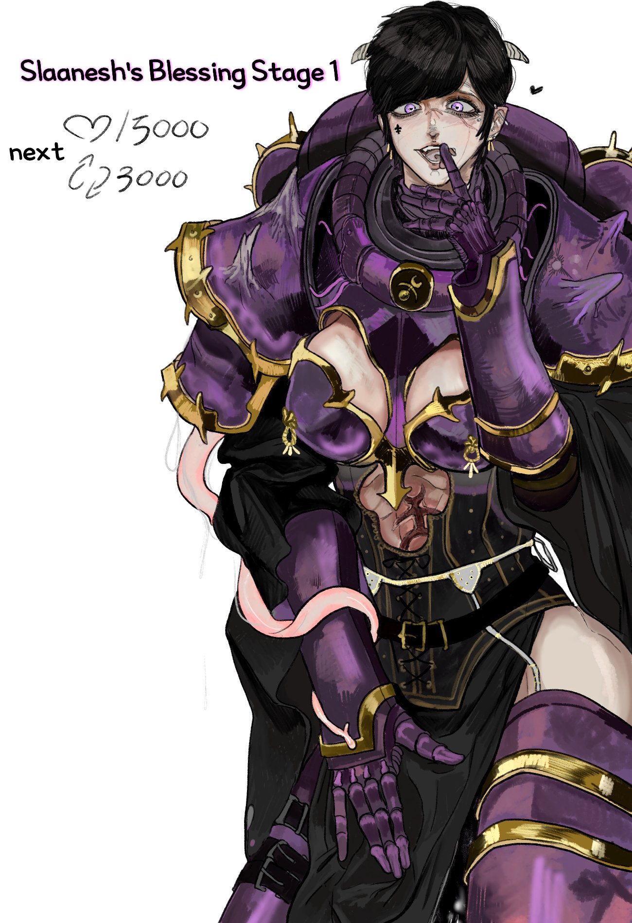 101ho, 1girls, adepta sororitas, armor, black hair, breasts, challenge, chaos (warhammer), child bearing hips, corruption, female, horns, medium breasts, no bra, panties, piercing, purple eyes, scar, scars, short hair, sister of battle, sister of battle challenge (101ho), skirt, slaanesh, slaanesh girl (101ho), slaaneshi cultist, tattoo, teasing, teasing viewer, text, thick thighs, thigh highs, thighhighs, warhammer (franchise), warhammer 40k, wide hips