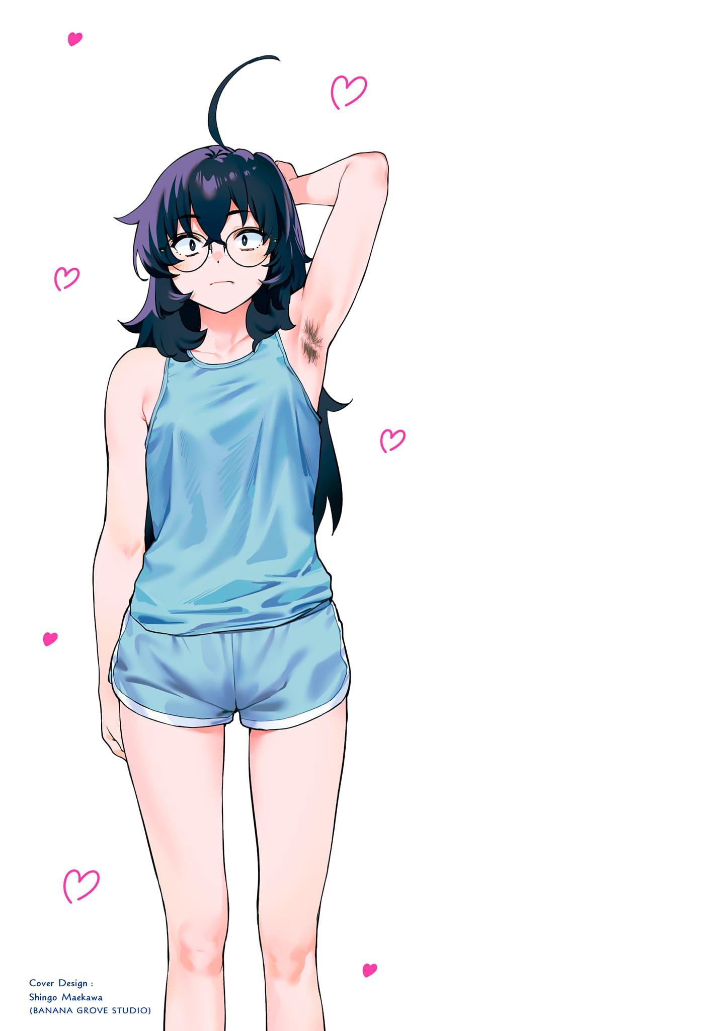 ahoge, arm behind head, armpit fetish, armpit hair, female, glasses, kaguhara’s fetish notebook, kitou sakeru, long hair, misaki mikamo, one arm up, short shorts, sleveeless shirt, taller female, tank top