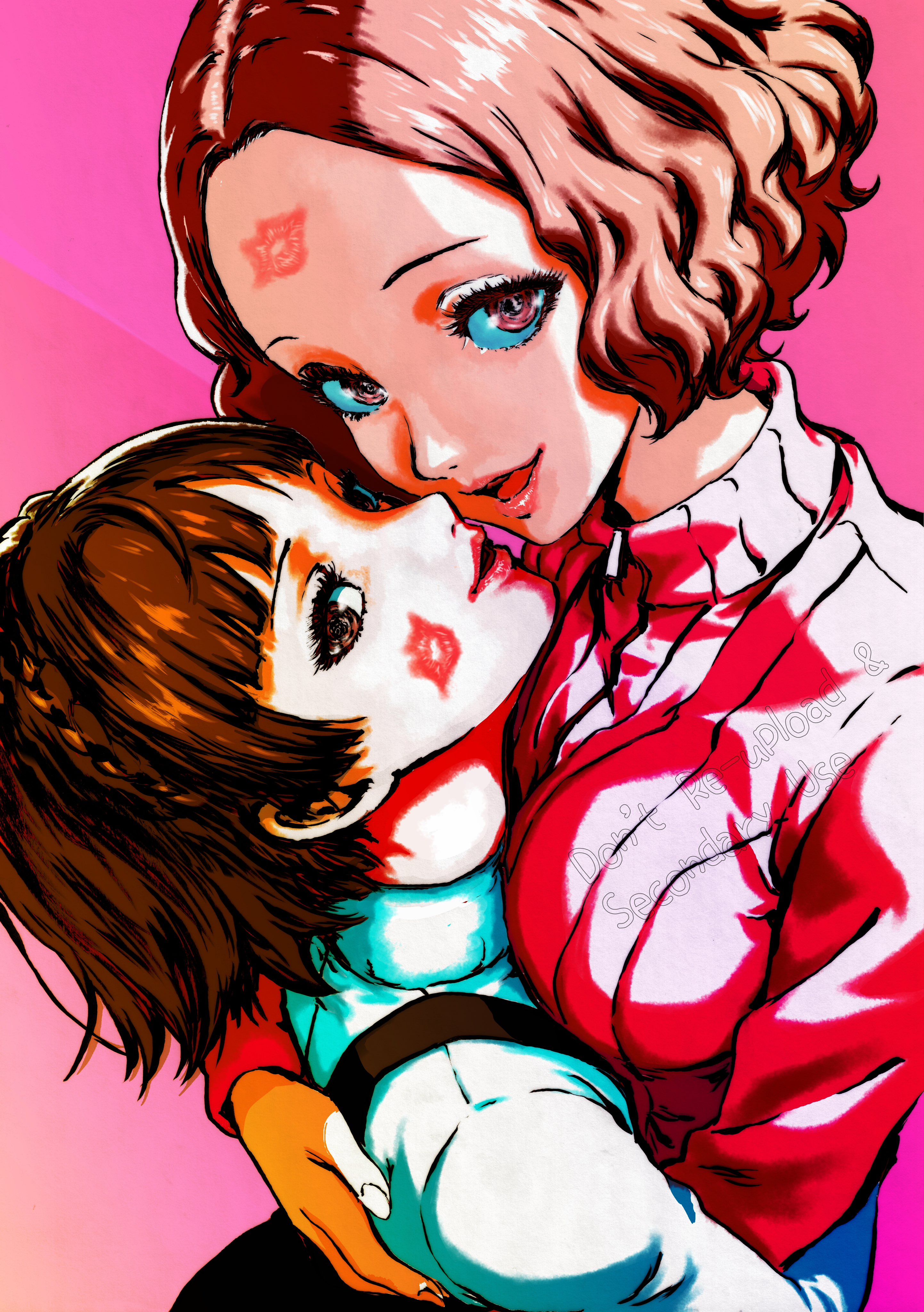 2girls, absurdres, big breasts, breasts, brown eyes, brown hair, female, haru okumura, highres, hug, kiss mark, lipstick mark, looking at viewer, makoto niijima, multiple females, multiple girls, oeilvert fft, open mouth, persona, persona 5, pink eyes, pink hair, school uniform, short hair, yuri