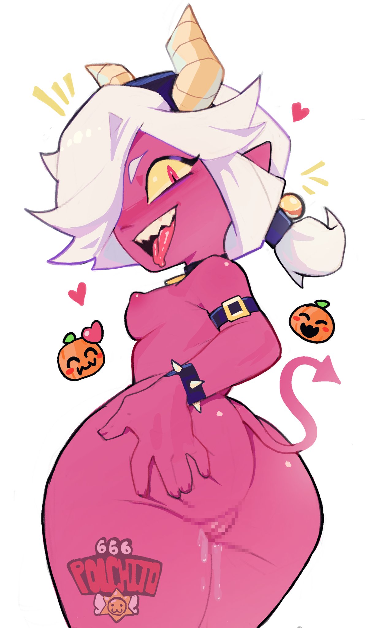 1girls, ass, ass focus, ass grab, brawl stars, breasts, censored, censored pussy, colette (brawl stars), female, heart, naked, pink body, polchito, pussy, pussy juice, small breasts, spread ass, tongue out, trixie colette (brawl stars), white hair