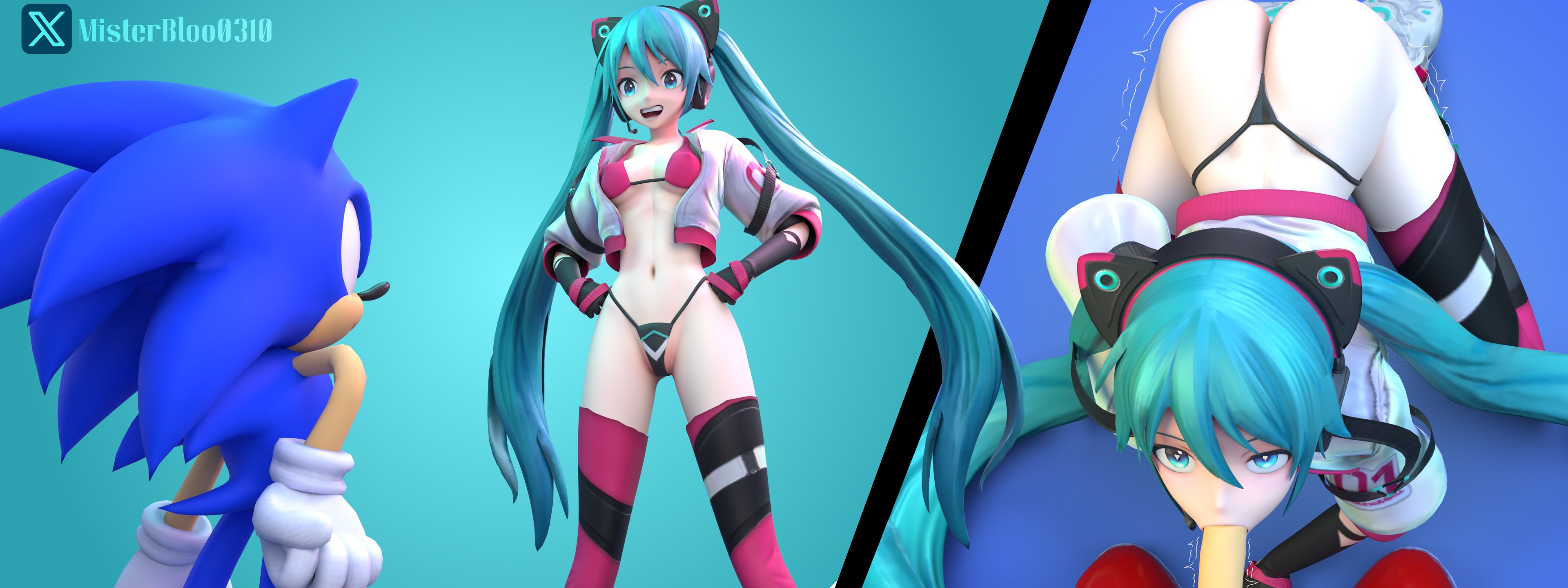 1boy, 1girl, 1girls, 3d, animal ears, aqua eyes, aqua hair, ass, ass visible through thighs, banana, bikini, blowjob, blue background, blue eyes, blue hair, breasts, cropped jacket, crossover, crossover pairing, crossover sex, crossover shipping, eye contact, fellatio, female, food, furry, furry male, g-string, gloves, hands on hips, hatsune miku, hatsune miku (sonic racing crossworlds), headphones, headset, hetero, highleg, highleg panties, jacket, long hair, looking at viewer, male, medium breasts, misterbloo0310, navel, no pants, open mouth, oral, panties, phallic symbol, popsicle, pov, sega, sexually suggestive, smile, sonic (series), sonic racing crossworlds, sonic the hedgehog, standing, stomach, striped, swimsuit, tagme, tan, tanlines, teeth, thighhighs, thong, thong bikini, top-down bottom-up, twintails, underboob, underwear, very long hair, vocaloid, watermark, web address
