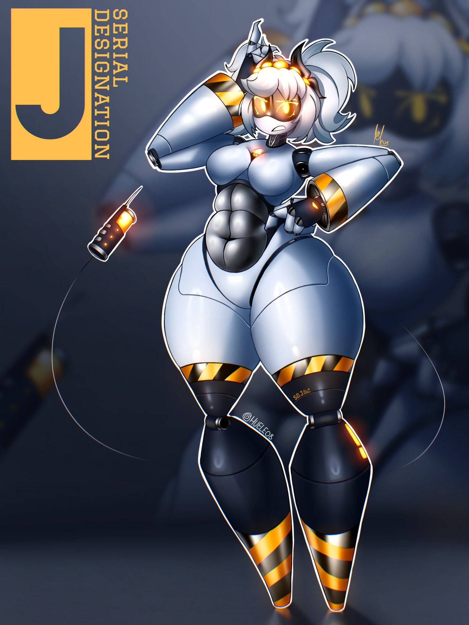 2025, abs, alternate body type, artist name, breasts, disassembly drone, featureless breasts, featureless crotch, female, female abs, female only, full body, glitch productions, hand on head, hand on hip, hueleo8, j (murder drones), medium breasts, murder drones, muscular, muscular female, name drop, nude, robot, serial designation j, solo, standing, tail, thick thighs, twintails, white body, white hair, yellow eyes