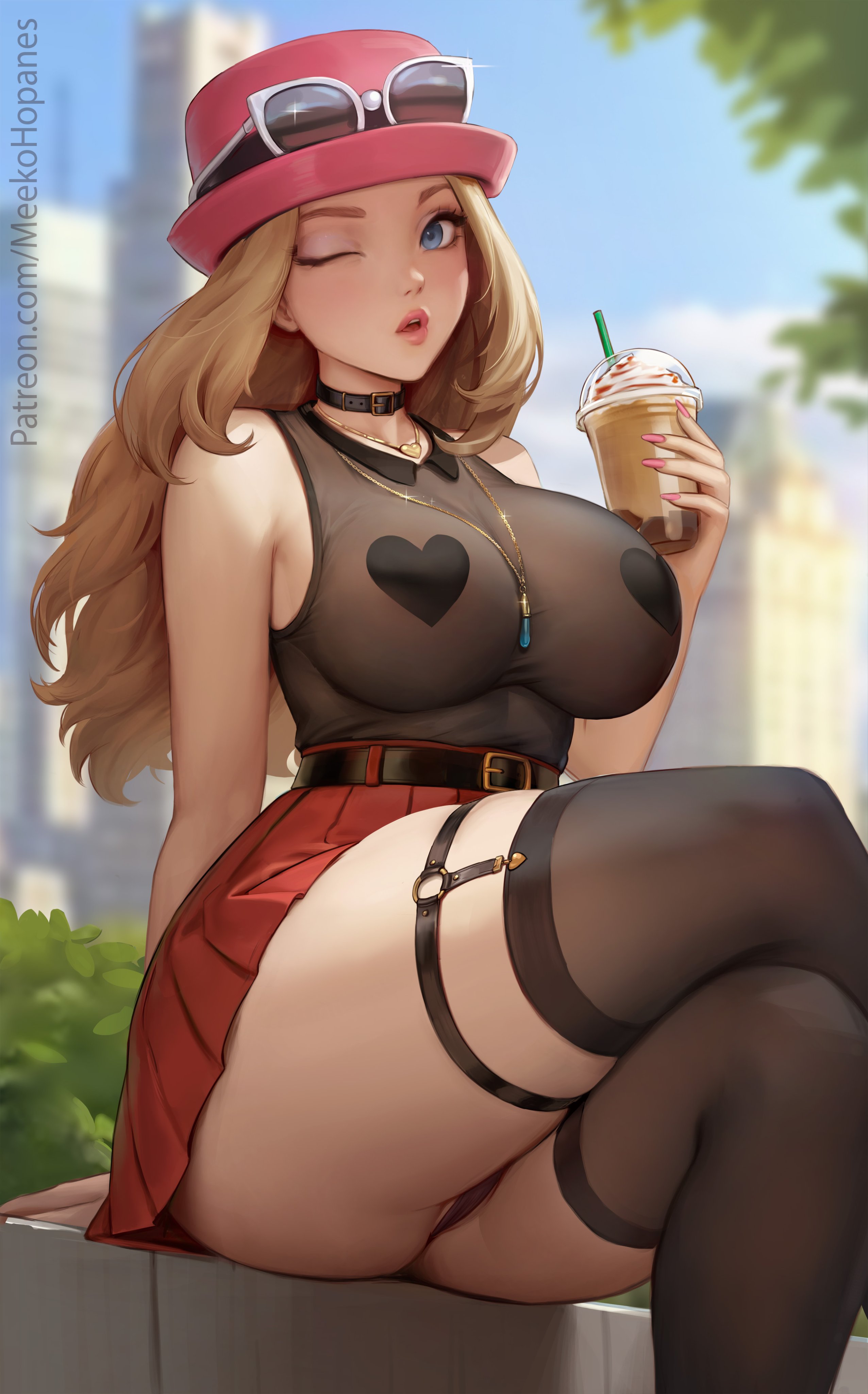 1girls, big breasts, breasts, female, female focus, female only, looking at viewer, meekohopanes, nail polish, pink nails, pokemon, pokemon xy, serena (pokemon games), serena (pokemon), skirt, solo, thick thighs, thighhighs, thighs, wide hips