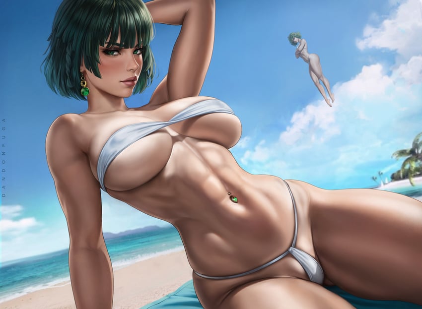 2girls, abs, arm behind head, bare legs, beach, breasts, closed mouth, cloud, covered nipples, dandon fuga, earrings, female, female only, floating, fubuki (one-punch man), jewelry, large breasts, levitation, lips, multiple females, multiple girls, navel, navel piercing, ocean, one-punch man, outdoors, palm tree, piercing, sky, solo focus, stomach, tatsumaki, thighs, toned, toned female, tree