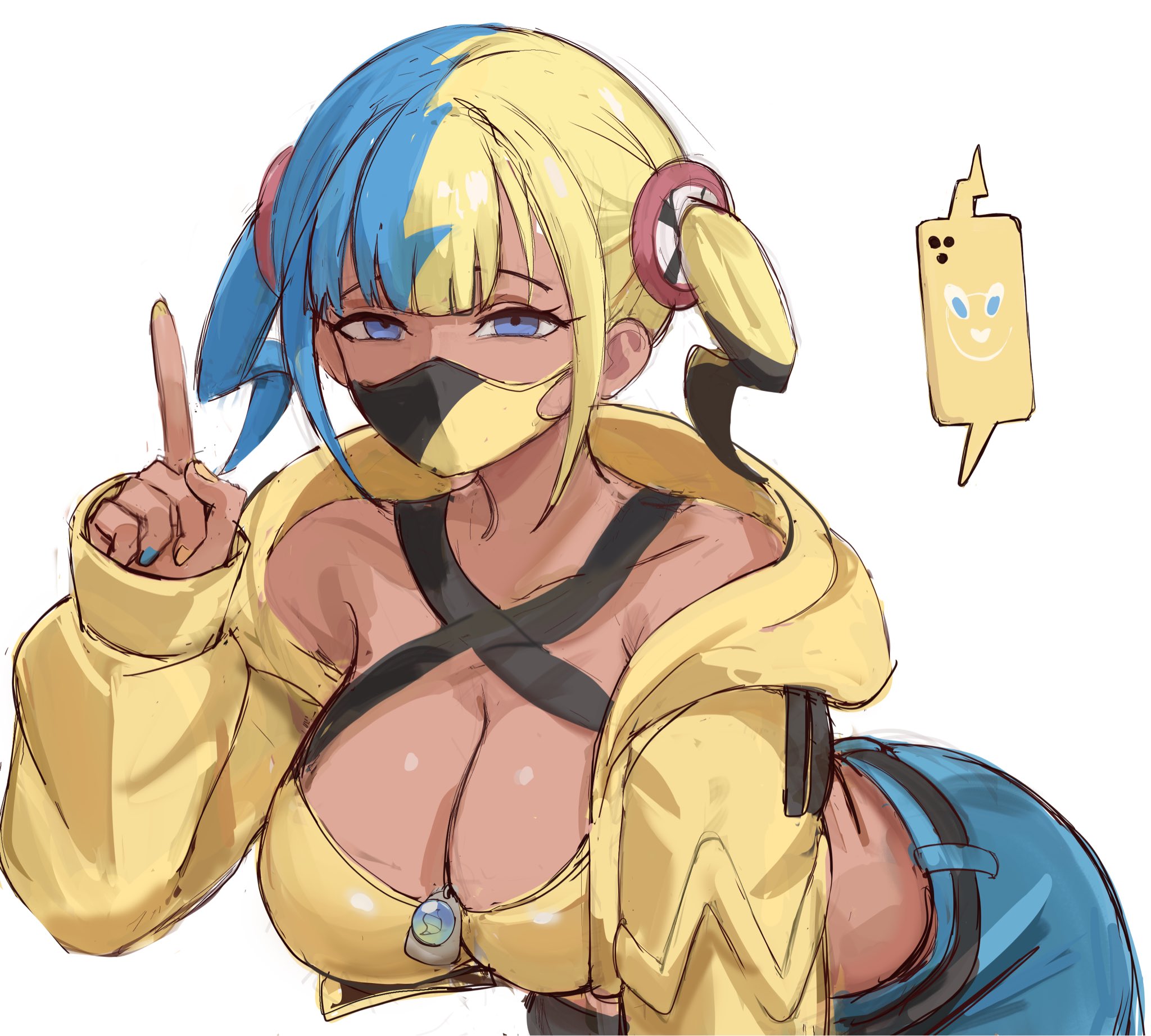 big breasts, blue eyes, blue hair, blue nails, breasts, canari (pokemon), canary (pokemon), face mask, facemask, female, game freak, gyaru, kusogaki, mask, mouth mask, multicolored clothing, multicolored hair, multicolored mask, multicolored pants, nail polish, nintendo, pokemon, pokemon legends: z-a, rakeemspoon, rotom phone, streamer, two-tone hair, two-tone mask, two-tone pants, white background, yellow hair, yellow nails