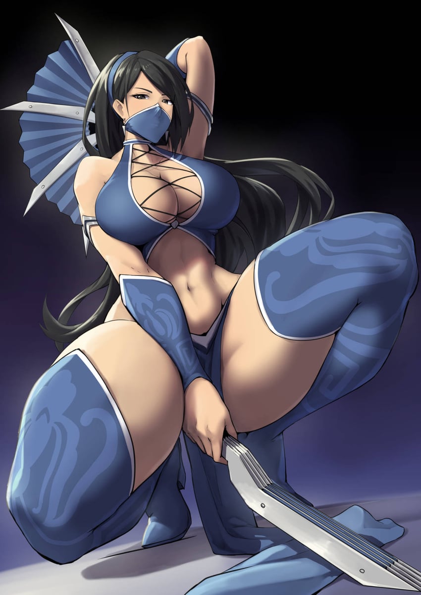 bare shoulders, black eyes, black hair, blue background, blue boots, blue thighhighs, boots, breasts, brown eyes, cleavage, commentary, commission, covered mouth, cross-laced clothes, curvy, dual wielding, earrings, elbow gloves, english commentary, female, gloves, hand fan, highleg, highres, holding, holding weapon, japanese clothes, jewelry, kitana, kitana (mk9), large breasts, linea alba, long hair, looking at viewer, looking back, mask, midriff, mortal kombat, mortal kombat (2011), mortal kombat (series), mouth mask, navel, ninja, ninja mask, packge, pelvic curtain, shiny skin, silver trim, simple background, solo, squatting, stomach, thick thighs, thigh boots, thighhighs, thighs, tiara, vambraces, weapon