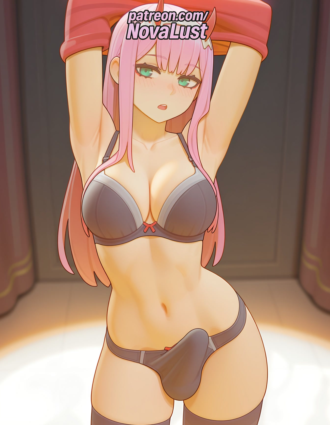 1boy, 1futa, 2025, ai generated, artist name, balls, bra, bulge, cock, darling in the franxx, dick, erection, futanari, hi res, high quality, high resolution, highres, intersex, long hair, male, male focus, navel, novalust, open mouth, otoko no ko, panties, patreon, patreon username, penis, pink hair, solo, stable diffusion, testicles, thighhighs, underwear, undressing, watermark, zero two (darling in the franxx)