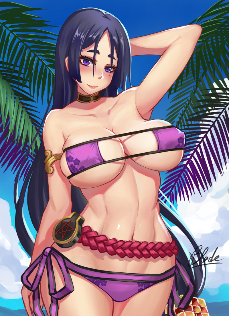 1girls, big breasts, bikini, breasts, cleavage, eyepatch bikini, fate (series), fate/grand order, female, female only, large breasts, looking at viewer, minamoto no raikou (fate/grand order), qblade, solo