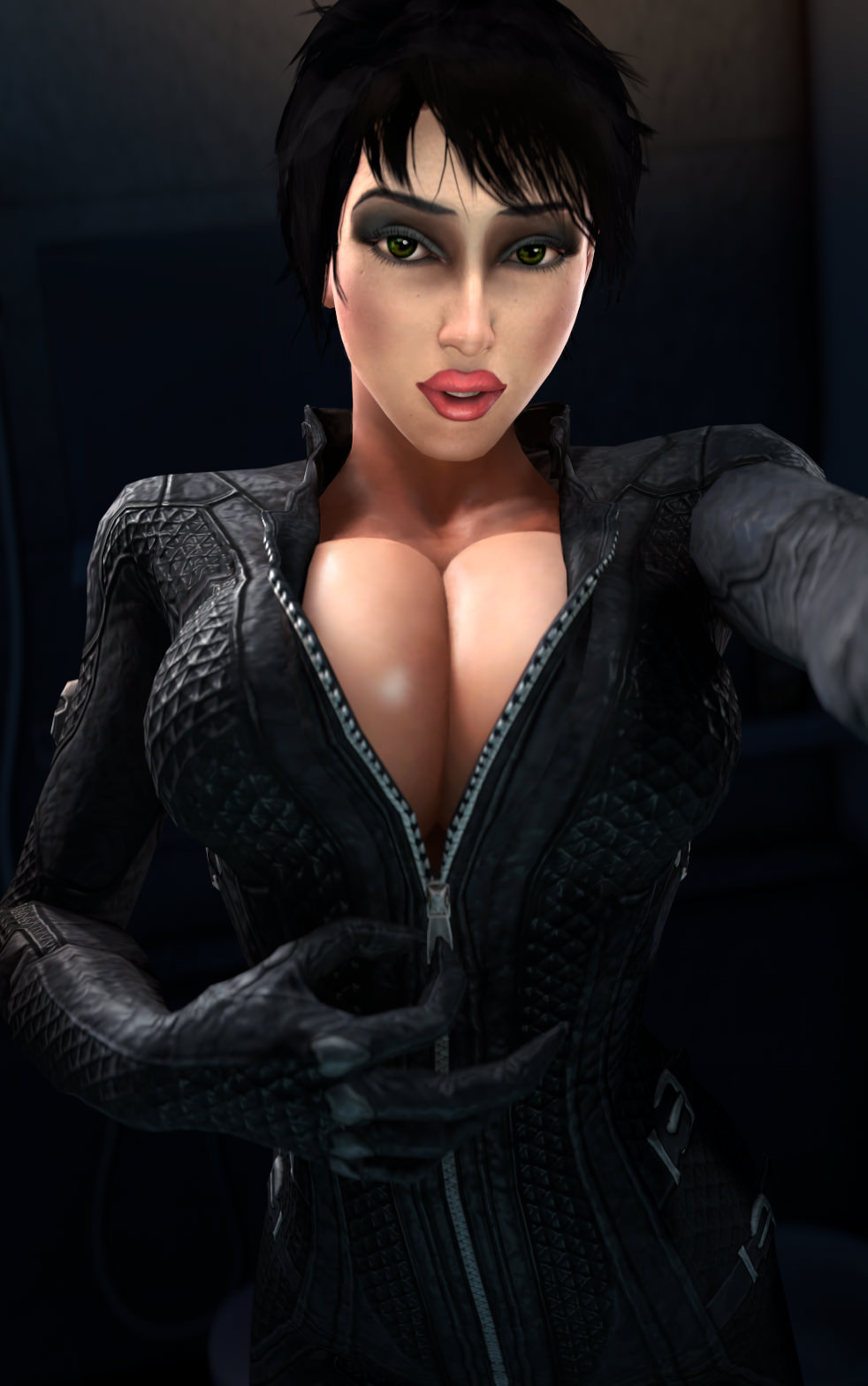 3d, batesz, batman (series), batman: arkham city, big breasts, breasts, catwoman, catwoman (arkham city), catwoman (arkham), cleavage, dc, dc comics, female, female only, green eyes, large breasts, looking at viewer, selina kyle, solo, source filmmaker, unzipping