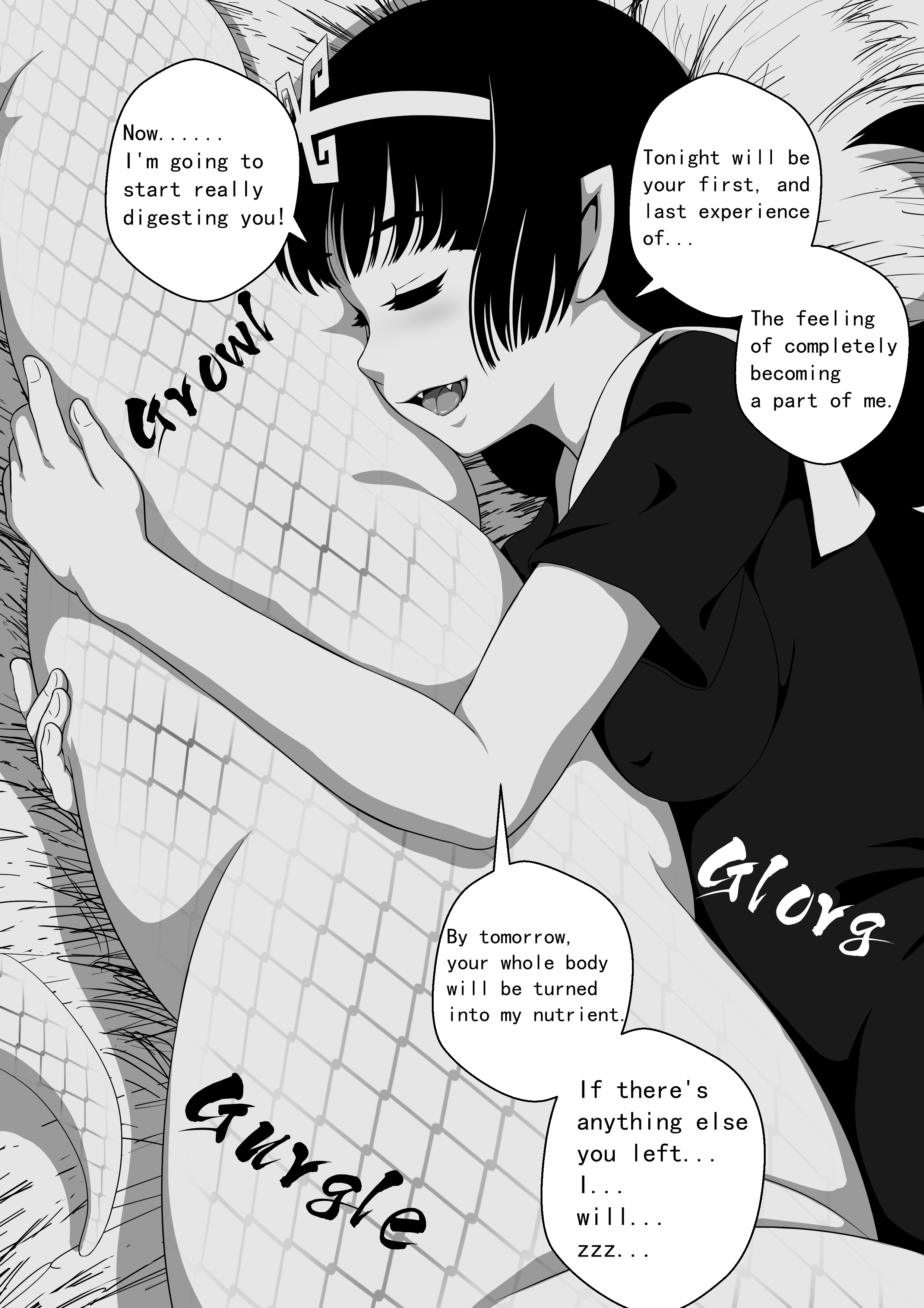1boy, 1girls, cg17, comic, digestion, female, female pred, lamia, male, monochrome, naga, oral vore, snake, tagme, unwilling prey, vore