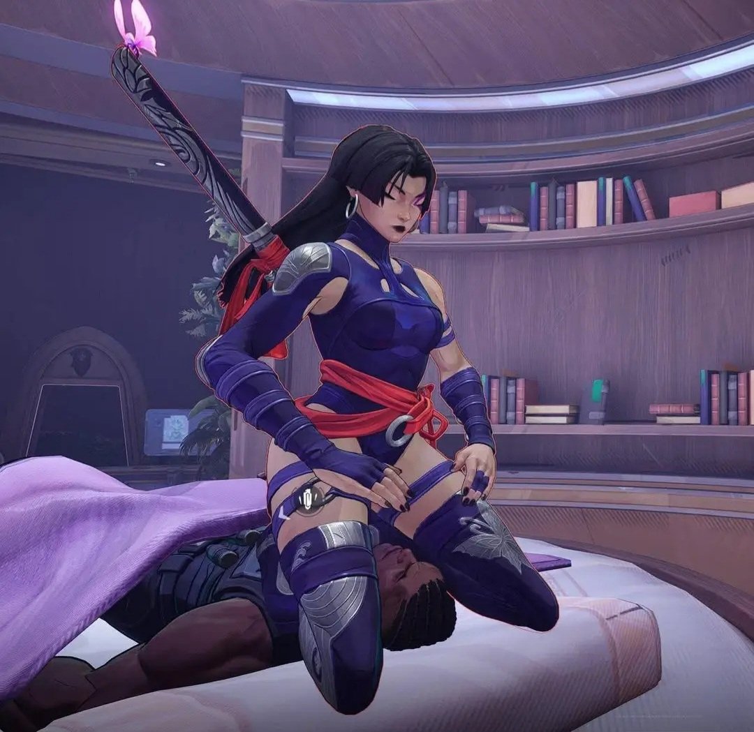 1boy, 1girls, 3d, black hair, blade (eric brooks), blade (marvel comics), blade (marvel rivals), butterfly, closed eyes, cornrows, dark-skinned male, facesitting, female, game screenshot, interracial, laying down, leotard, lipstick, long hair, male, marvel, marvel comics, marvel rivals, psylocke, psylocke (sai) (vengeance), screencap, sleeping, sword, x-men