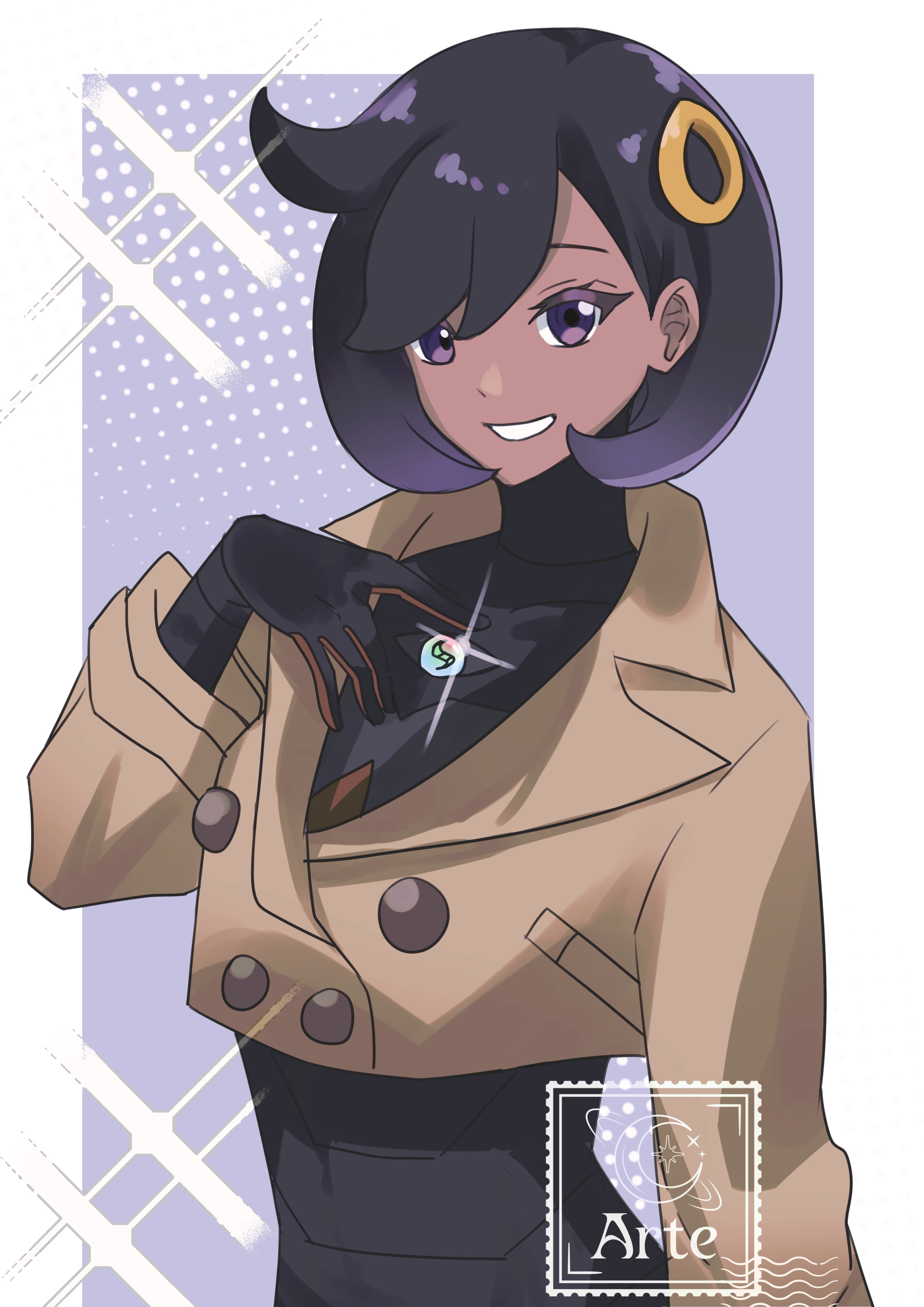 1girls, black hair, bodysuit, coat, emma (pokemon legends: z-a), emma (pokemon), female, female only, game freak, human, human only, jacket, jpeg, matiere (pokemon legends: z-a), matiere (pokemon), nintendo, pokemon, pokemon legends: z-a, rairaizone, short hair, smile, solo, tomboyish