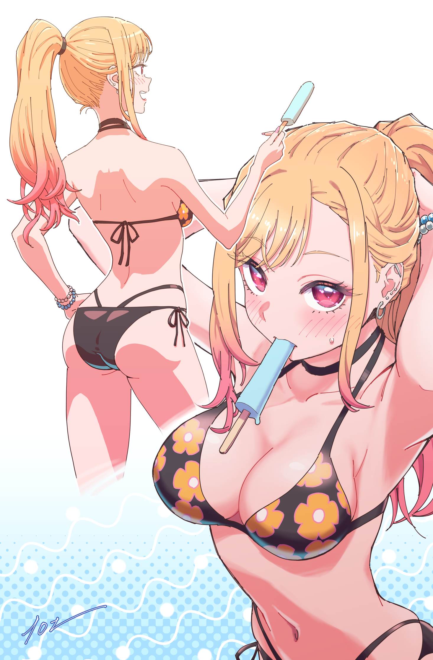 :d, 10ttruck, 1girls, ass, barbell piercing, bead bracelet, beads, bikini, black bikini, black choker, bracelet, breasts, choker, cleavage, collarbone, female, floral print, floral print bikini, food, food in mouth, gyaru, high ponytail, highres, holding, holding food, holding popsicle, jewelry, kitagawa marin, long hair, medium breasts, multiple views, navel, open mouth, piercing, ponytail, popsicle, popsicle in mouth, print bikini, smile, sono bisque doll wa koi wo suru, stomach, swimsuit, teenage female, teenager, very long hair