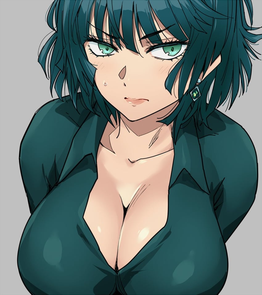 bangs, big breasts, breasts, cleavage, closed mouth, collarbone, commentary request, dress, earrings, female, frown, fubuki (one-punch man), green dress, green eyes, green hair, grey background, hairu, highres, jewelry, large breasts, looking at viewer, one-punch man, simple background, small sweatdrop, solo, upper body