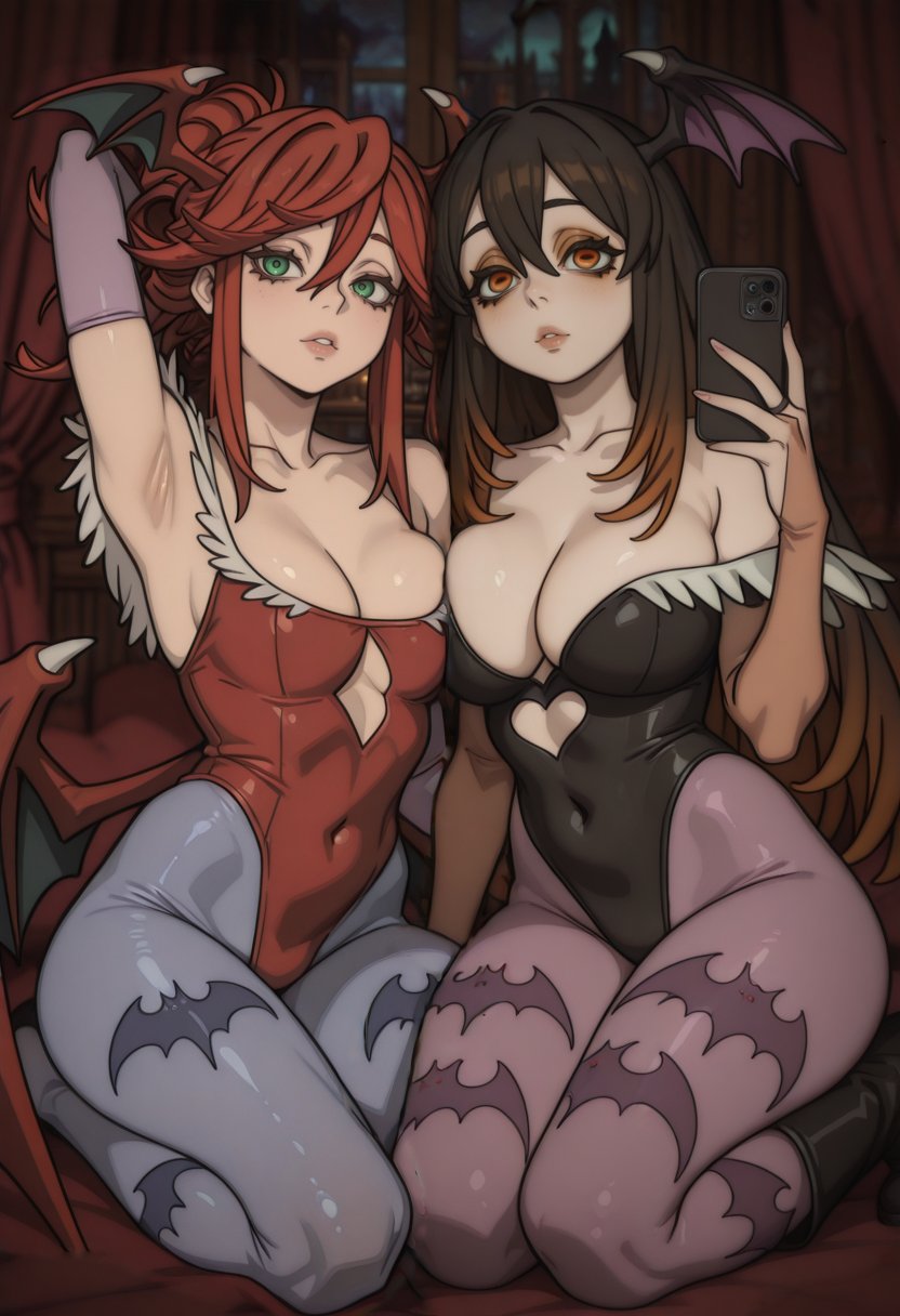 2girls, ai generated, amo empool, big breasts, breasts, brown eyes, brown hair, cosplay, darkstalkers, demon girl, demon wings, feeherzlos, female, female only, full lips, gachiakuta, green eyes, head wings, kneeling, large breasts, lilith aensland (cosplay), lips, lipstick, looking at viewer, morrigan aensland (cosplay), multiple females, multiple girls, phone, red hair, riyou reaper, selfie, solo female, wings