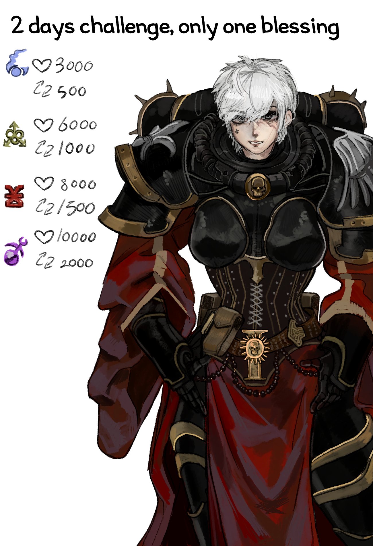101ho, 1girls, adepta sororitas, armor, breasts, challenge, female, medium breasts, scar, scars, short hair, sister of battle, sister of battle challenge (101ho), slaanesh girl (101ho), text, tomboy, warhammer (franchise), warhammer 40k, white hair, wide hips