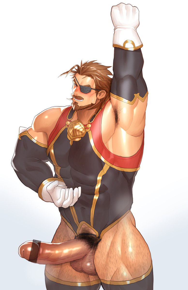 1boy bara blush body_hair boner bottomless erection eugen_(granblue_fantasy) eyepatch gloves granblue_fantasy kuromine_hiraya male male_focus male_only muscle penis solo tagme yuatari