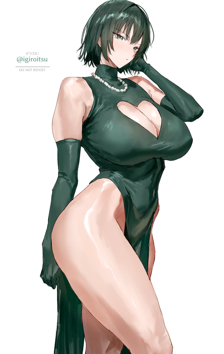 1girls, absurdres, bare shoulders, breasts, cleavage, cleavage cutout, clothing cutout, covered nipples, curvy, dress, elbow gloves, female, fubuki (one-punch man), gloves, green dress, green eyes, green gloves, green hair, green-haired female, groin, highres, igiroitsu, jewelry, large breasts, looking at viewer, necklace, one-punch man, pearl necklace, pelvic curtain, short hair, solo, thick thighs, thighs, twitter username