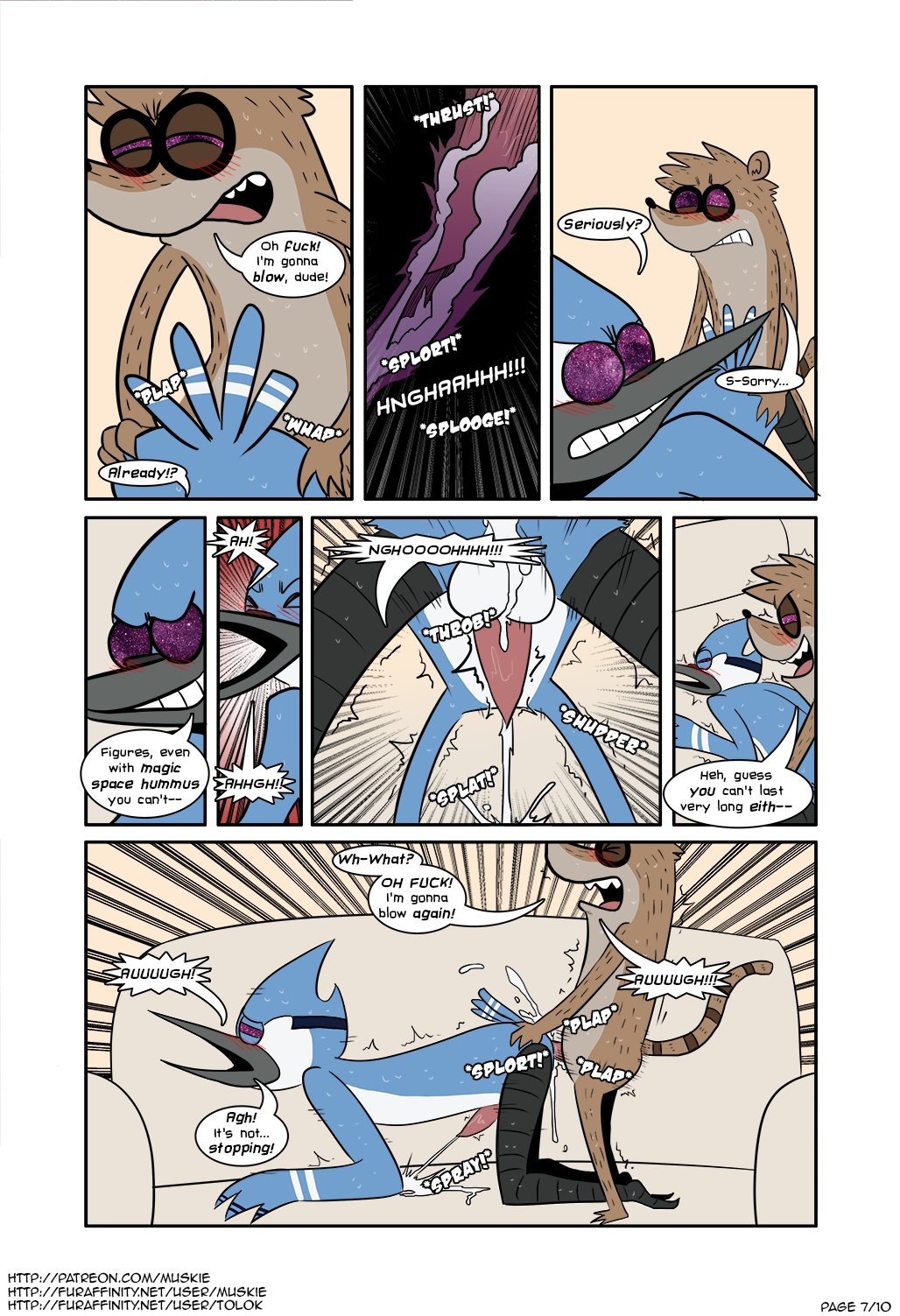 all_fours anal anal_sex anthro avian balls beak bird blush cartoon_network comic cum cum_in_ass cum_inside cum_on_balls cum_while_penetrated cumshot dialogue doggy_style duo ejaculation english_text erection from_behind_position gay hands-free internal male mammal mordecai muskie orgasm penetration penis premature_ejaculation procyonid raccoon regular_show rigby sex sweat text tolok white_balls yaoi